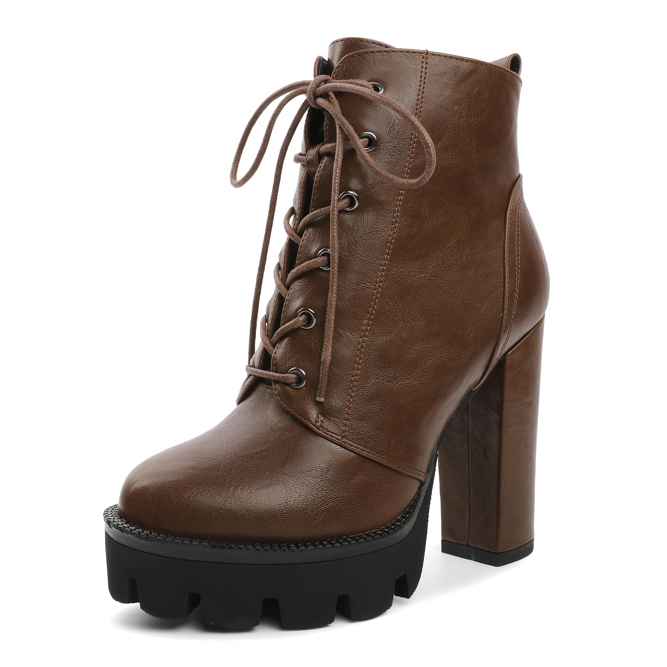 Mettesally Womens Platform Lace Up Ankle Boots Round Toe Chunky Block High Heels Side Zipper Short Boots Office