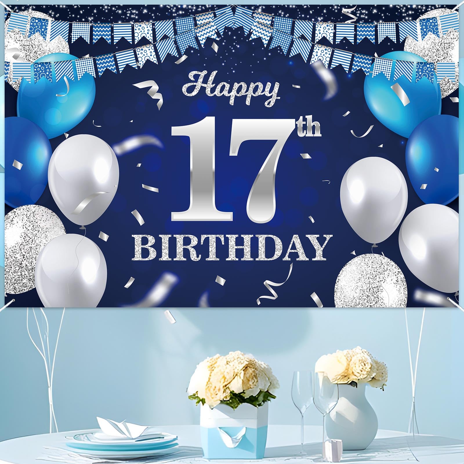 17e verjaardag decoratie blauw zilver ballon slinger kit met folieballon confetti Happy Birthday bunting banner marineblauw zilver verjaardagsdecoratie voor 17 jaar jongen meisje man vrouw trouwdag