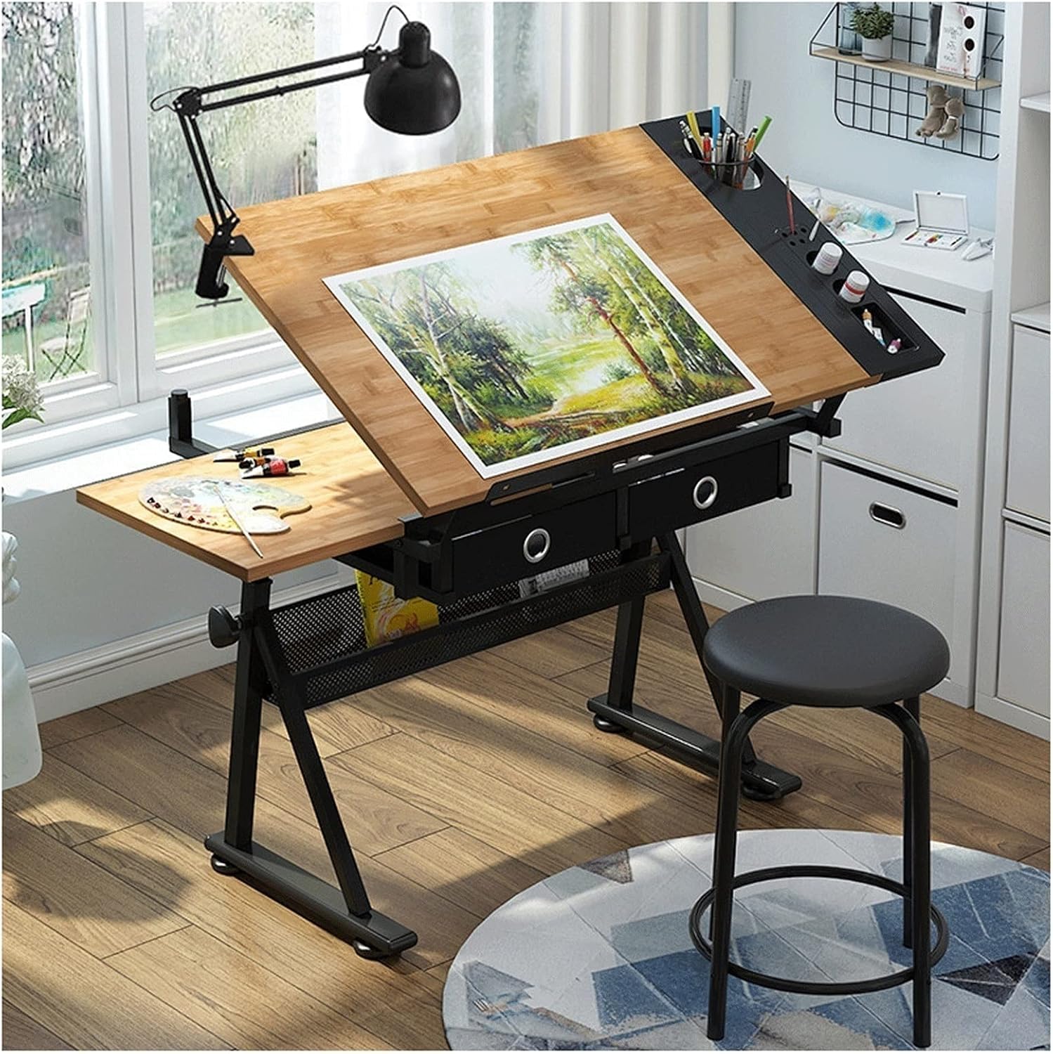 Tavolo da disegno regolabile in altezza inclinabile con piano in vetro e cassetto portaoggetti, versatile postazione di lavoro artigianale per pittura e scrittura, perfetto per artisti e creativi