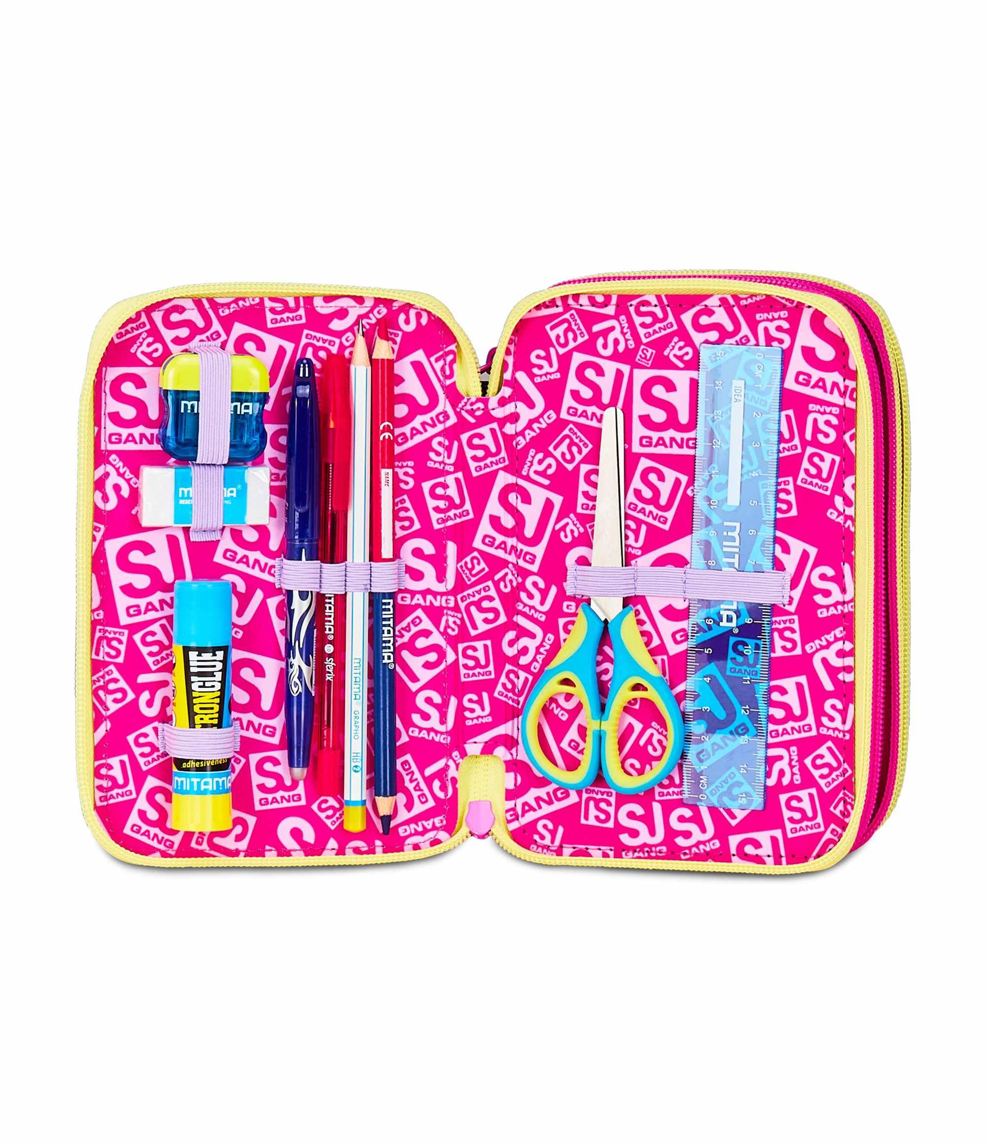 Astuccio Scuola 3 Zip Fucsia Arancio Portapenne Triplo Scomparto Completo