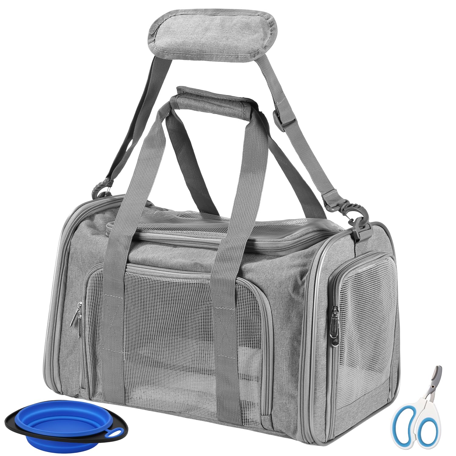 Vuxava Transportín para Gato y Perro, Bolsa de Transporte Plegable y Transpirable, con Correa al Hombro y Cojín Lavable, 45x28x28cm, hasta 5kg, Portátil para Coche/Avión (Gris)