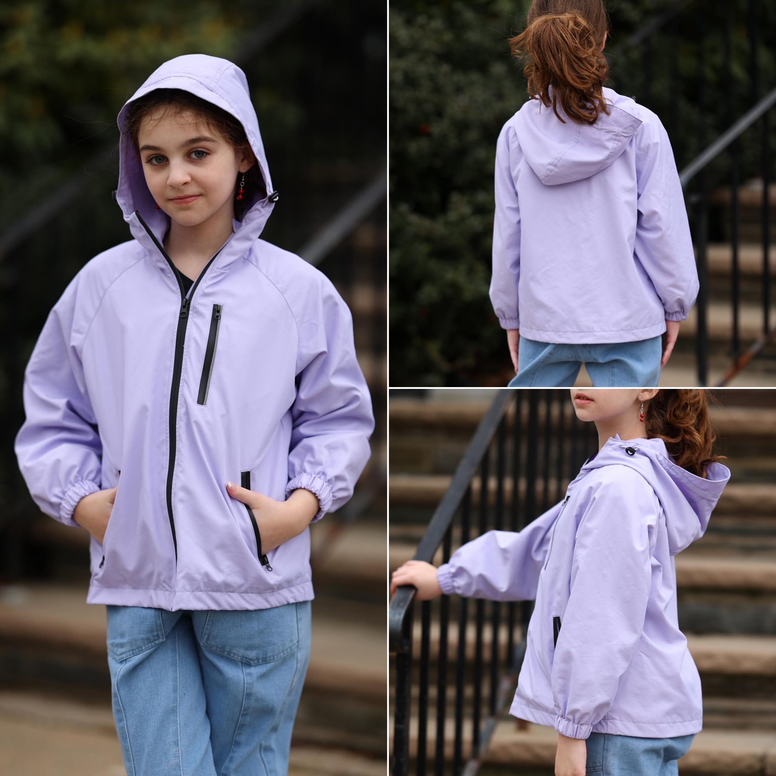 Rolanko Giacca Impermeabile con Cappuccio per Ragazze, Impermeabile Leggera Giacca a vento Giacche da Pioggia Outwear per Bambini Ragazzi 7-14 Anni