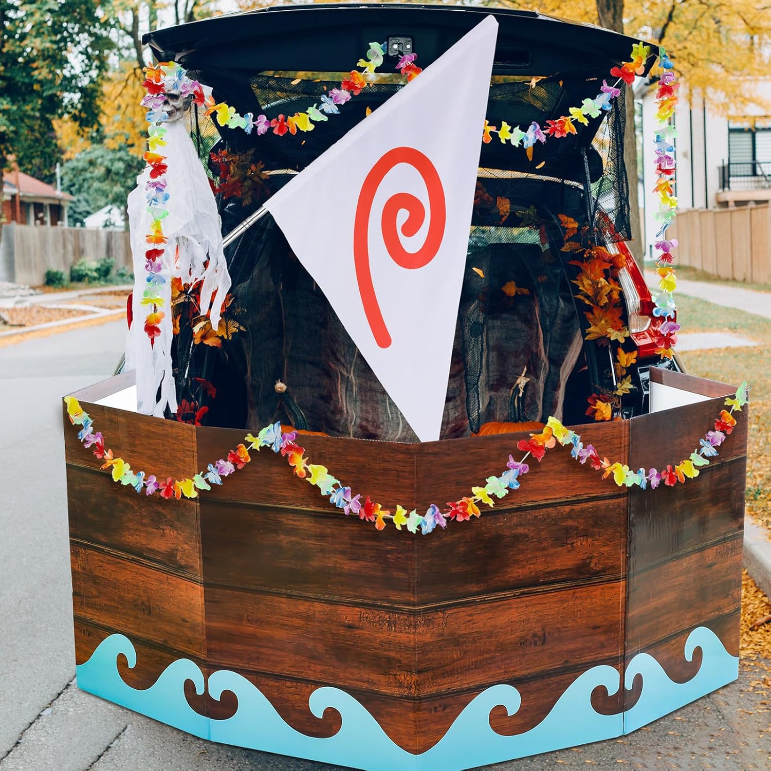 Trunk or Treat Car Pirate Decorations Kit DIY Sea Ocean Backdrop Pirate Ship Cardboard, Flagpole and Garland for Hawaiian Themed Halloween Garage Door Home Car Decorations