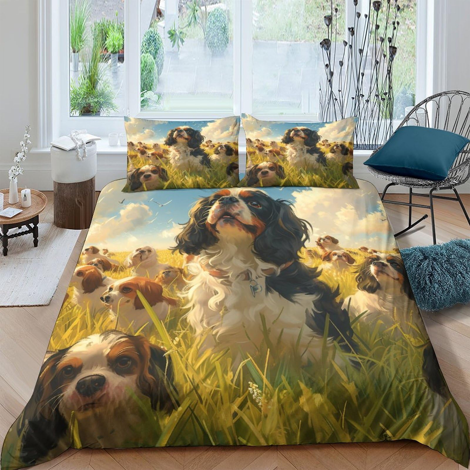 TNFHSOFT King Charles Spaniel 3d Print Duvet Cover Bedding Set Kids Teens Comforter Cover Set Soft Microfiber Quilt Cover with Zipper Closurewith with Pillwocase Double（200x200cm）