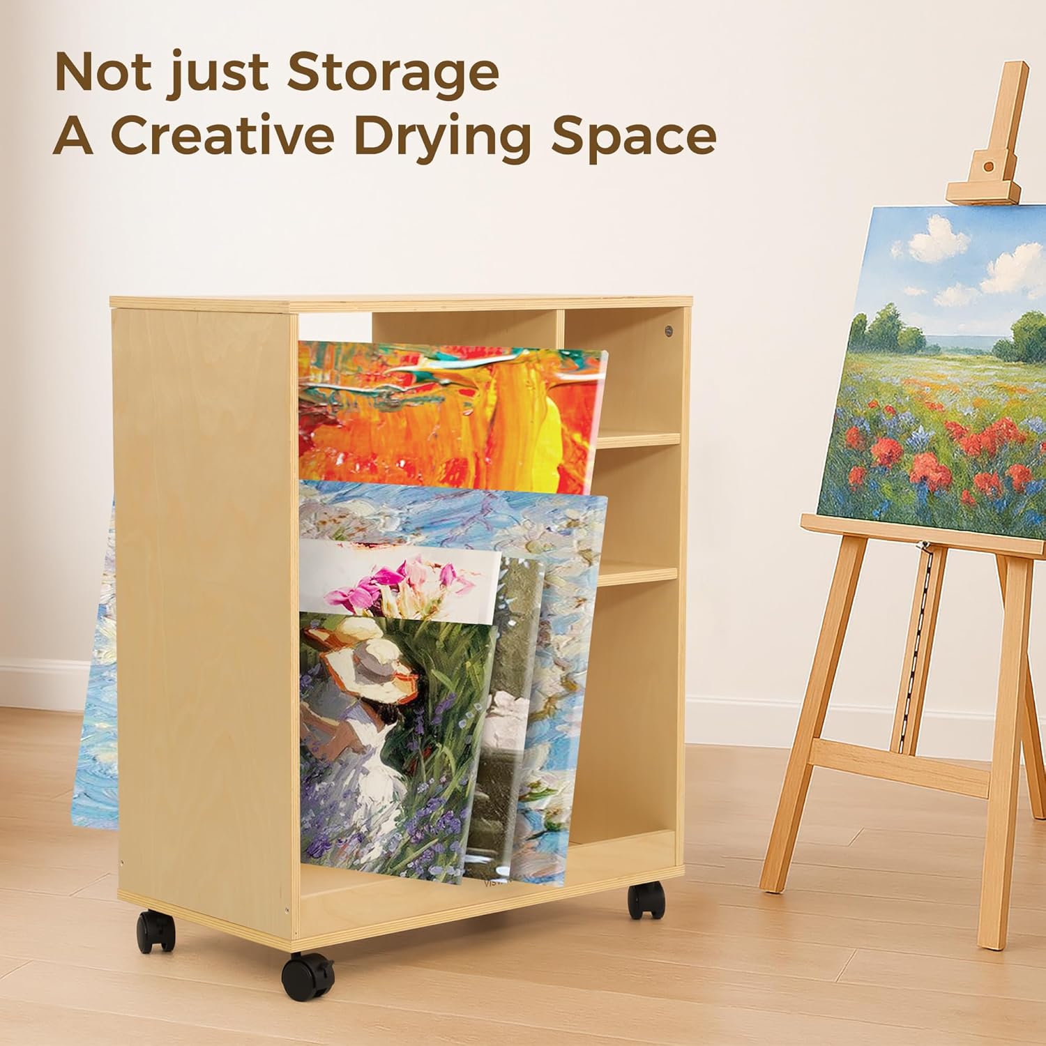 VISWIN Art Cart Organizer, Solid Pine Wood Art Supply Storage Organizer with Caster Wheels, 3-Tier Multifunctional Rolling Utility Storage Cart for Studio, Classroom, Artists - Natural