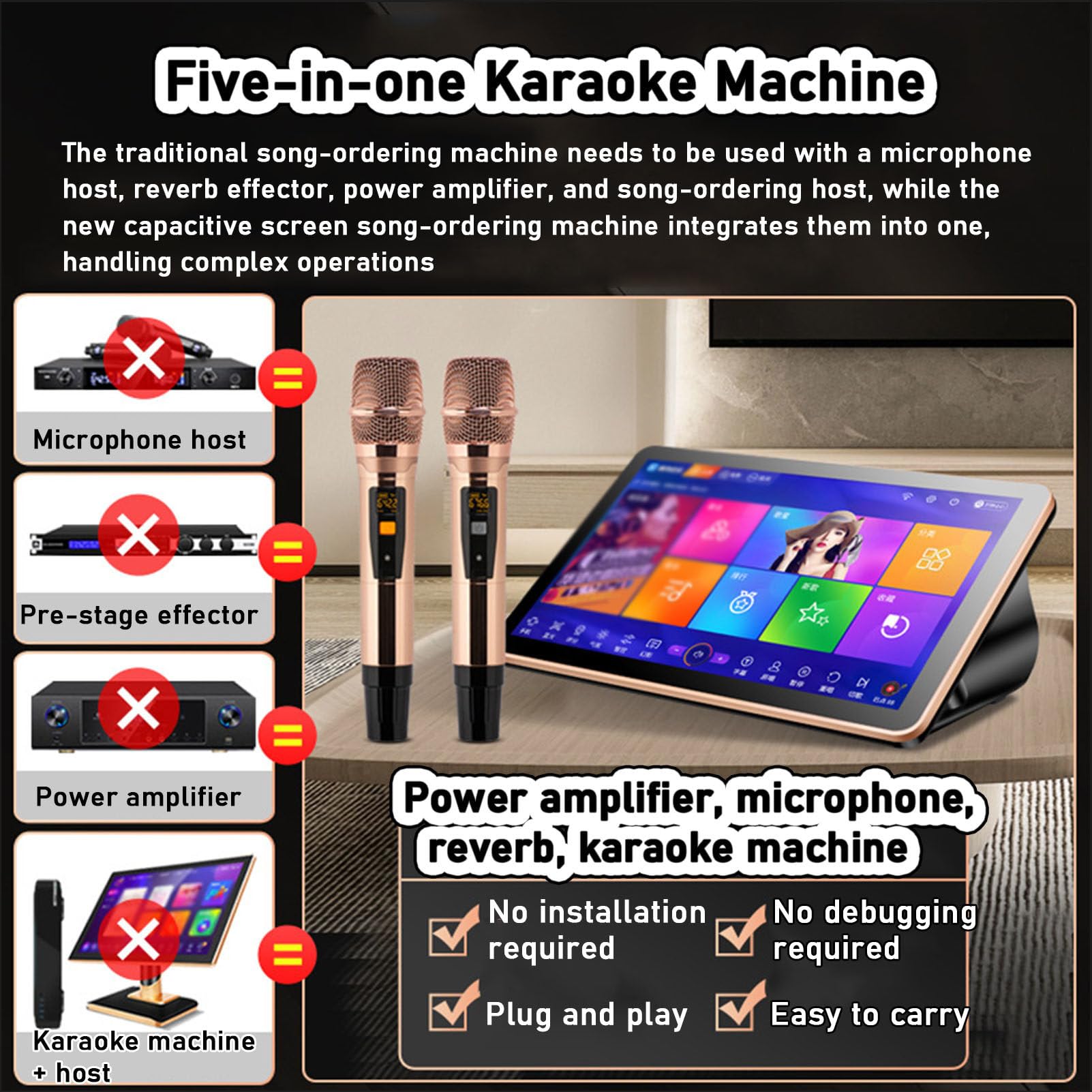 Macchina per karaoke con microfono wireless, touch screen, controllo app telefono, supporto multilingue per casa, all'aperto e feste al bar
