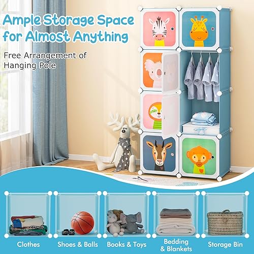 Miniatura 15 de HONEY JOY Armario para niños, organizador de almacenamiento de ropa de dibujos animados para bebés, 8 cubos y 2 secciones para colgar, armario