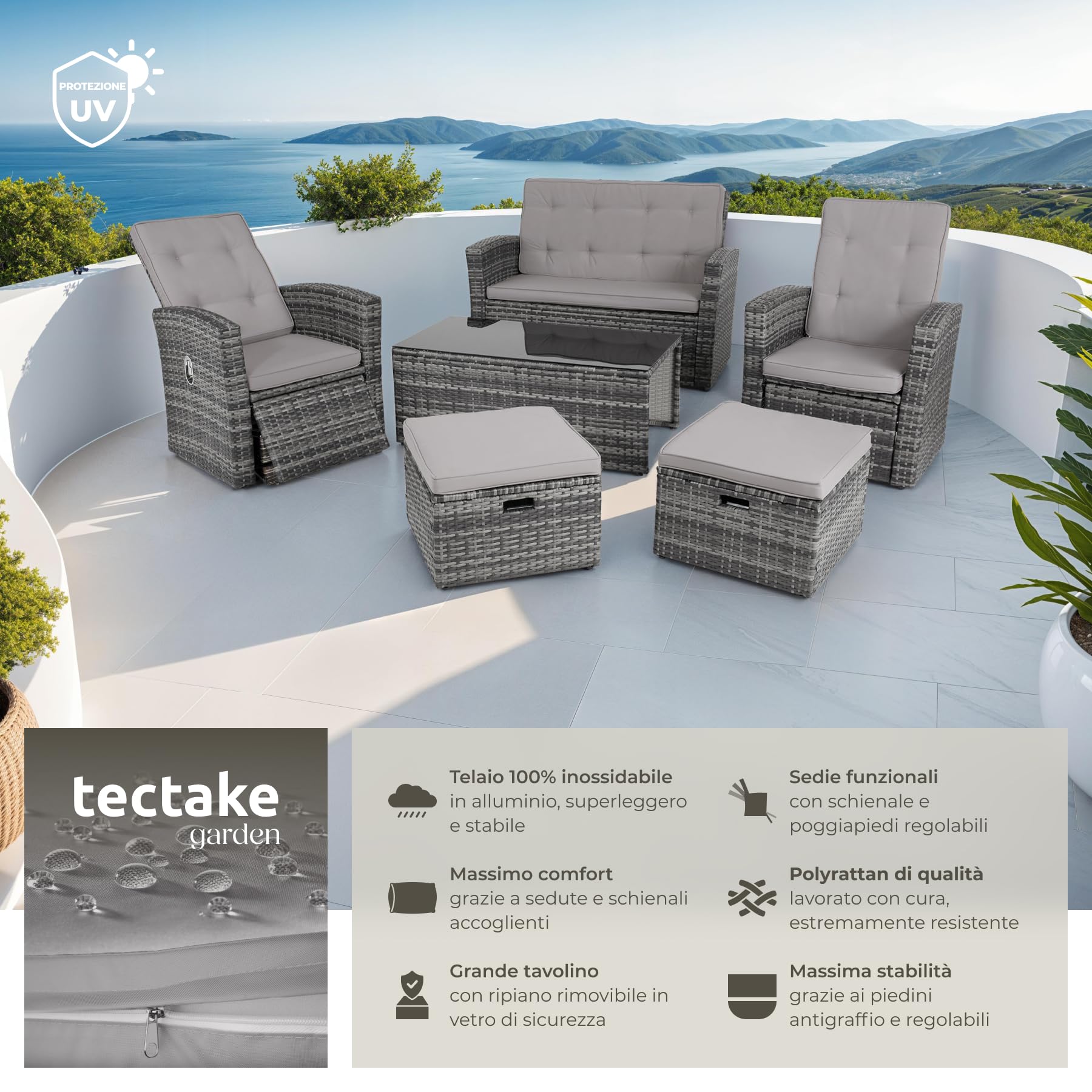 tectake® Set Salotto da Giardino Esterno in Rattan Bari, Telaio in Alluminio, Divano da Esterno e Poltrone da Giardino Regolabili, Imbottiture Idrorepellenti, Tavolo da Giardino con Vetro - Grigio