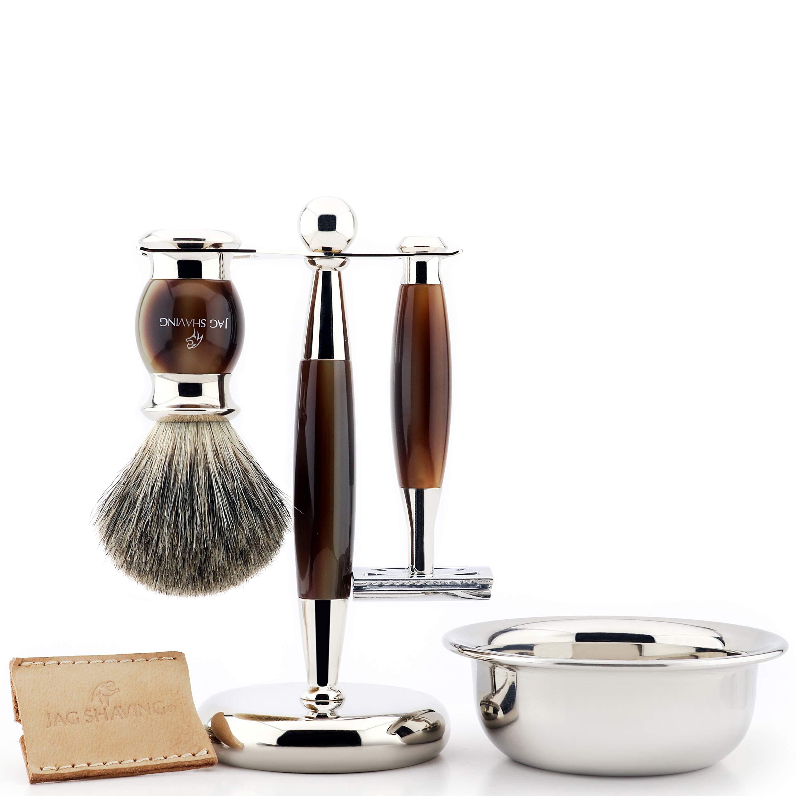 Jag Shaving Klasyczny męski zestaw do golenia z podwójną krawędzią golarka, szczotka do golenia włosów z super borsukiem, stojak i miska i skórzany futerał do golenia maszynki do golenia idealny zestaw dla mężczyzn