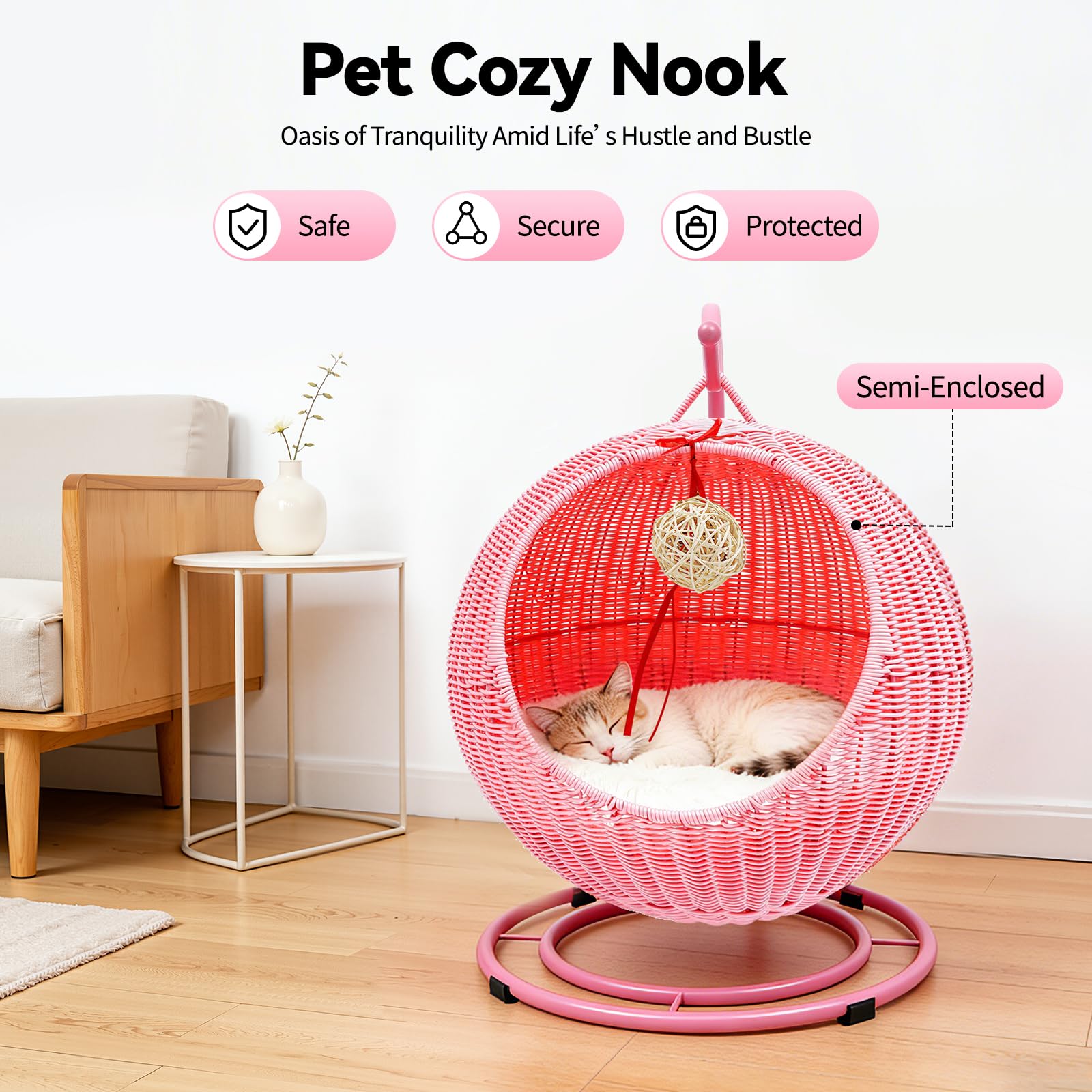 Katzenschaukel | Katzensofa Pink | Katzenkorb Rattan | Handweben Hängeschaukel Katze | Papasan Chair for Cats | Stylische Katzenhöhle | bis zu 7,5 kg