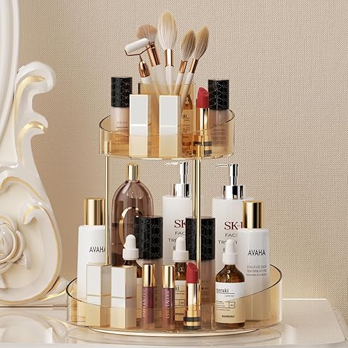 Miniatura 4 de Oifecsie Organizador de maquillaje giratorio de 360, 2 niveles de gran capacidad, organizador de maquillaje y cuidado de la piel y almacenamiento,