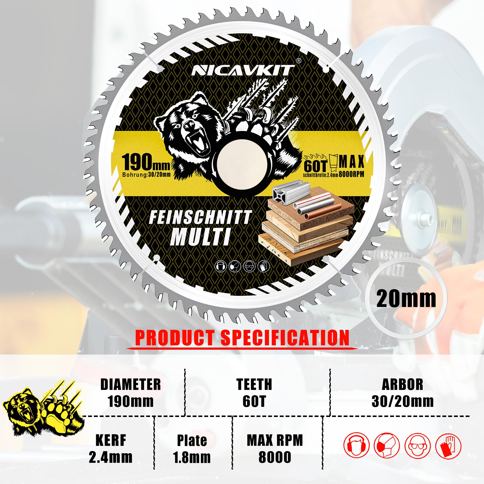 Ø190 x 30 mm brzeszczot do piły tarczowej do drewna, metalu i aluminium i innych. W zestawie 20mm kołnierz redukcyjny - wielomateriałowy brzeszczot do precyzyjnego cięcia 190x30 Kompatybilny