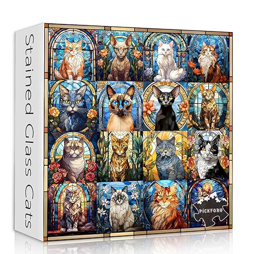 Stained Glass Puzzle Cat Puzzles for Adults 1000 Pieces, Colorful Kitty Kitten Collage Puzzles 1000 Pieces, Hard Difficult Impossible Challenging Jigsaw Puzzles for Adults - Stained Glass Cats