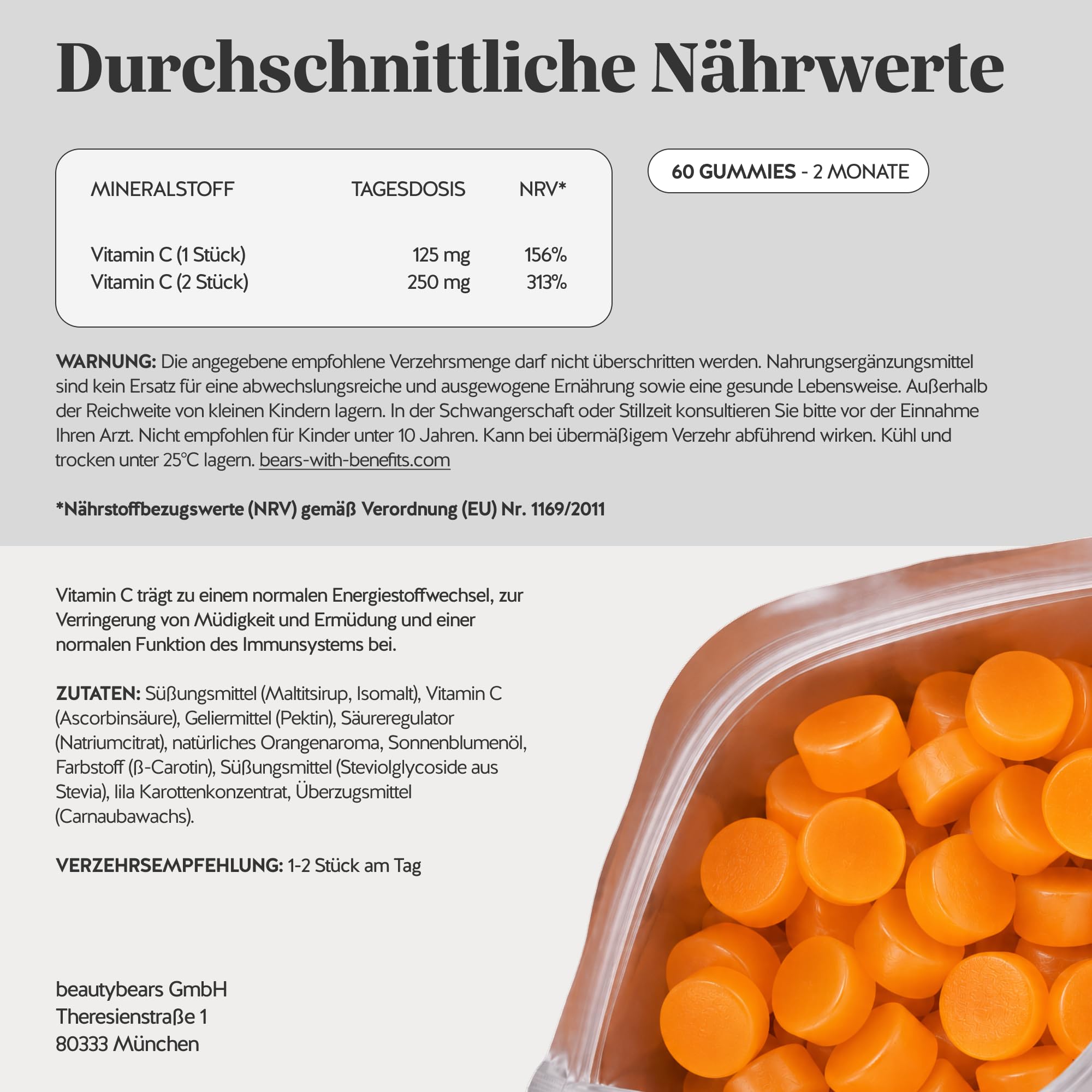 Bears with Benefits - Gummibärchen Vitamin C - Stoffwechsel - 60 Stück
