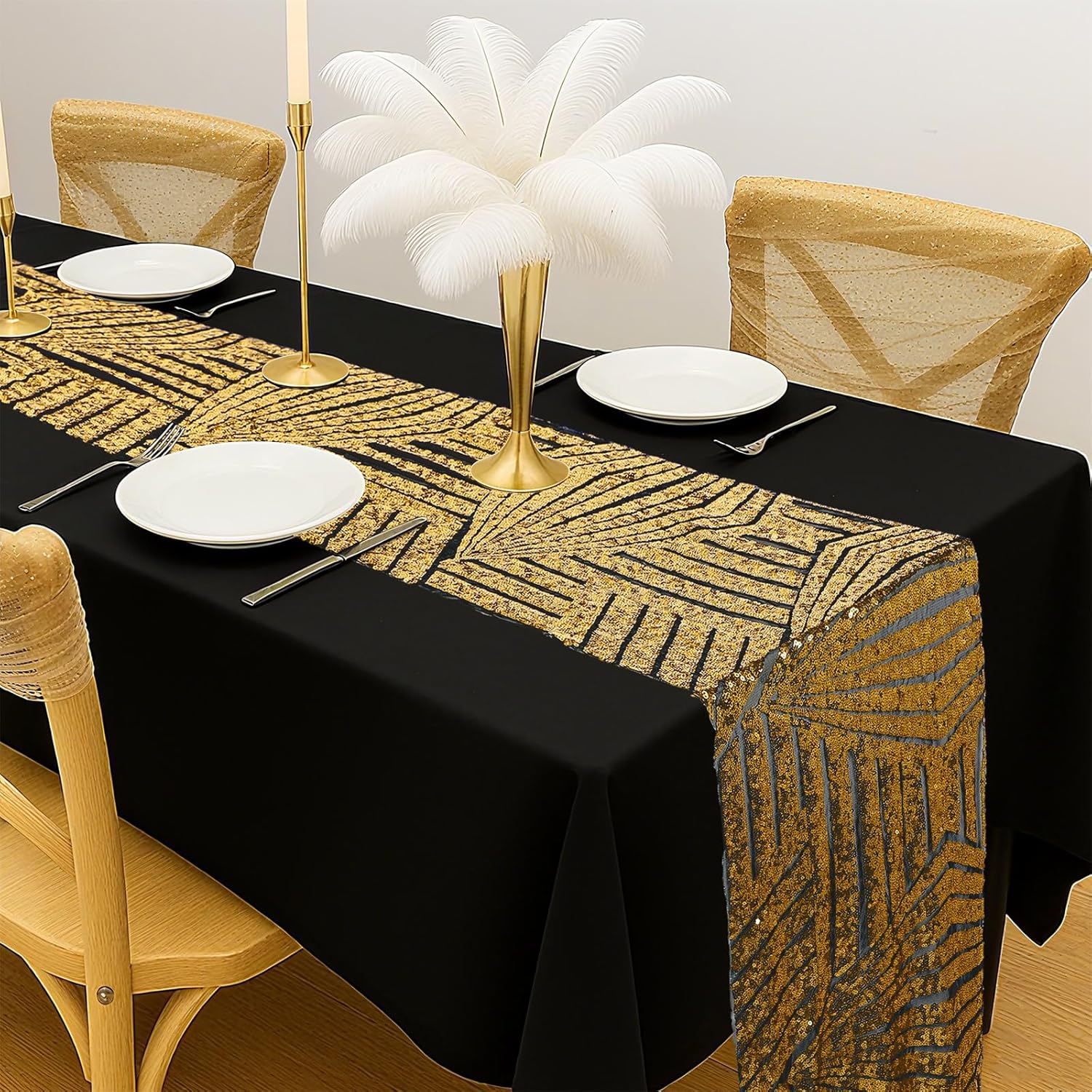 Peryiter 6 Pcs 1920s Party Decorations Roaring 1920's Table Runners 12 x 108 in Great Black and Gold Table Runner Sequin Reusable Tablestrip for Vintage Speakeasy Party Decorations(Classic)