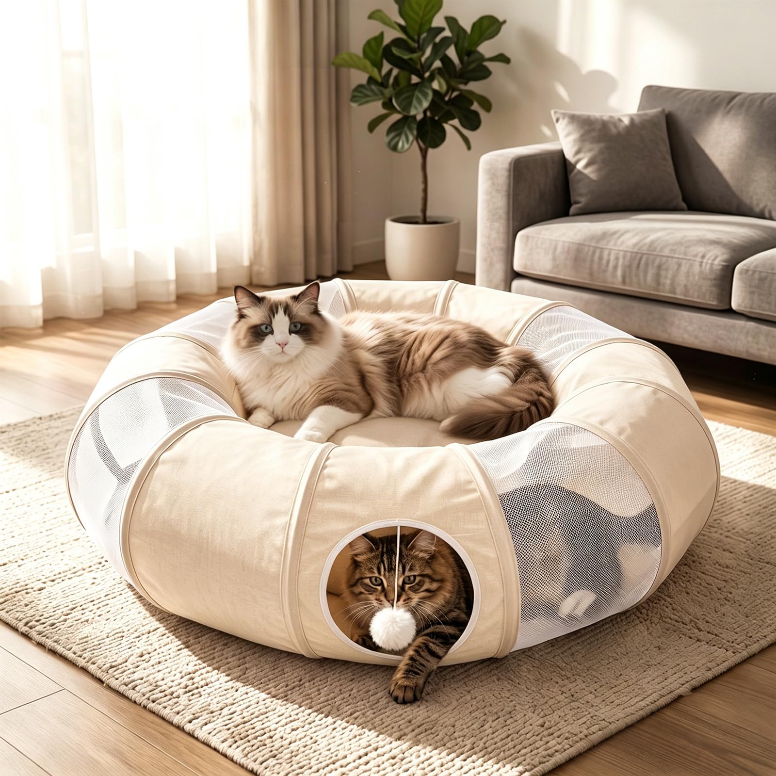 Ownpets Cat Donut Tunnel,Cat Tunnel Bed 30CM,Khaki
