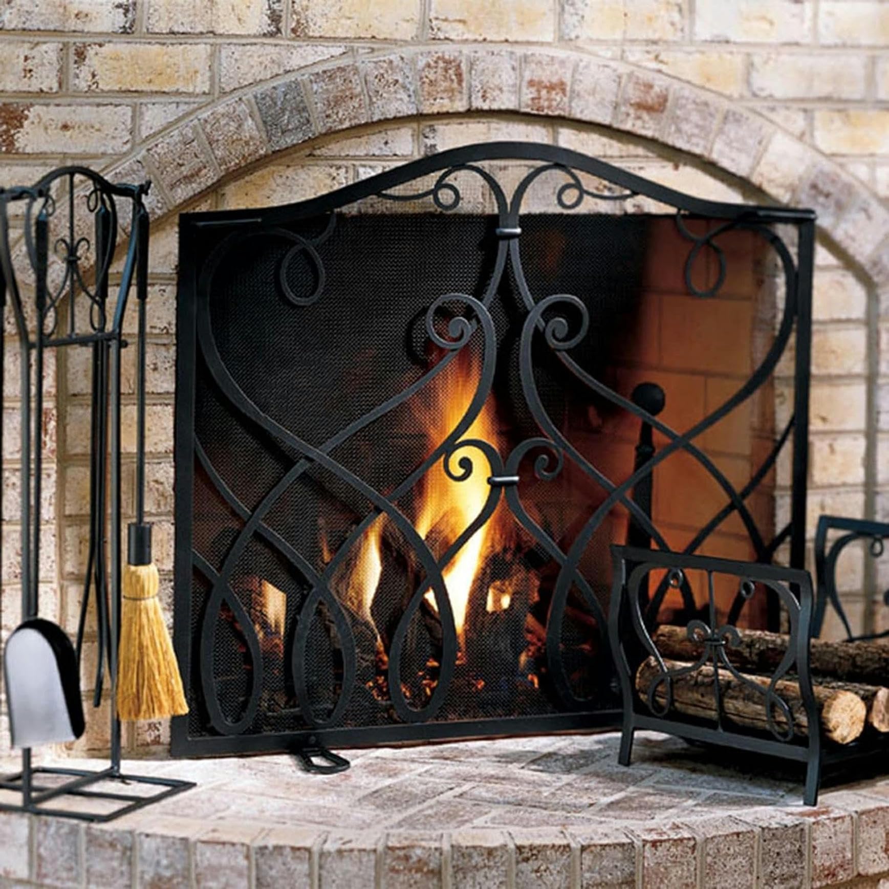 Pantalla de chimenea de hierro forjado negro mate de 32x28 pulgadas