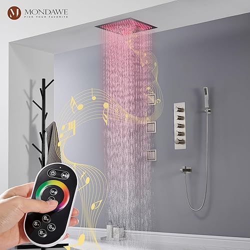 Miniatura 2 de MONDAWE Sistema de ducha termostático con 6 chorros corporales, cabezal de ducha de lluvia montado en el techo de 12 pulgadas con combo de mano,