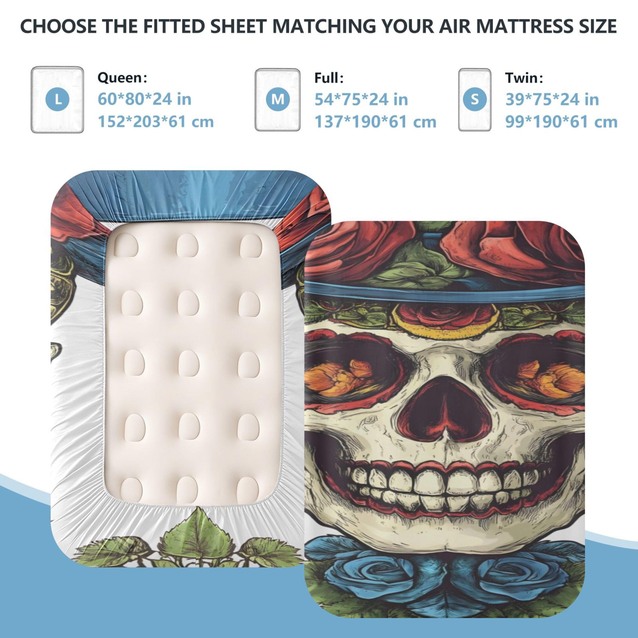 Sábana bajera ajustable individual con calavera y rosas rojas para colchón de aire, bolsillo extra profundo de 24 pulgadas, funda suave y transpirable con apertura de válvula de cremallera