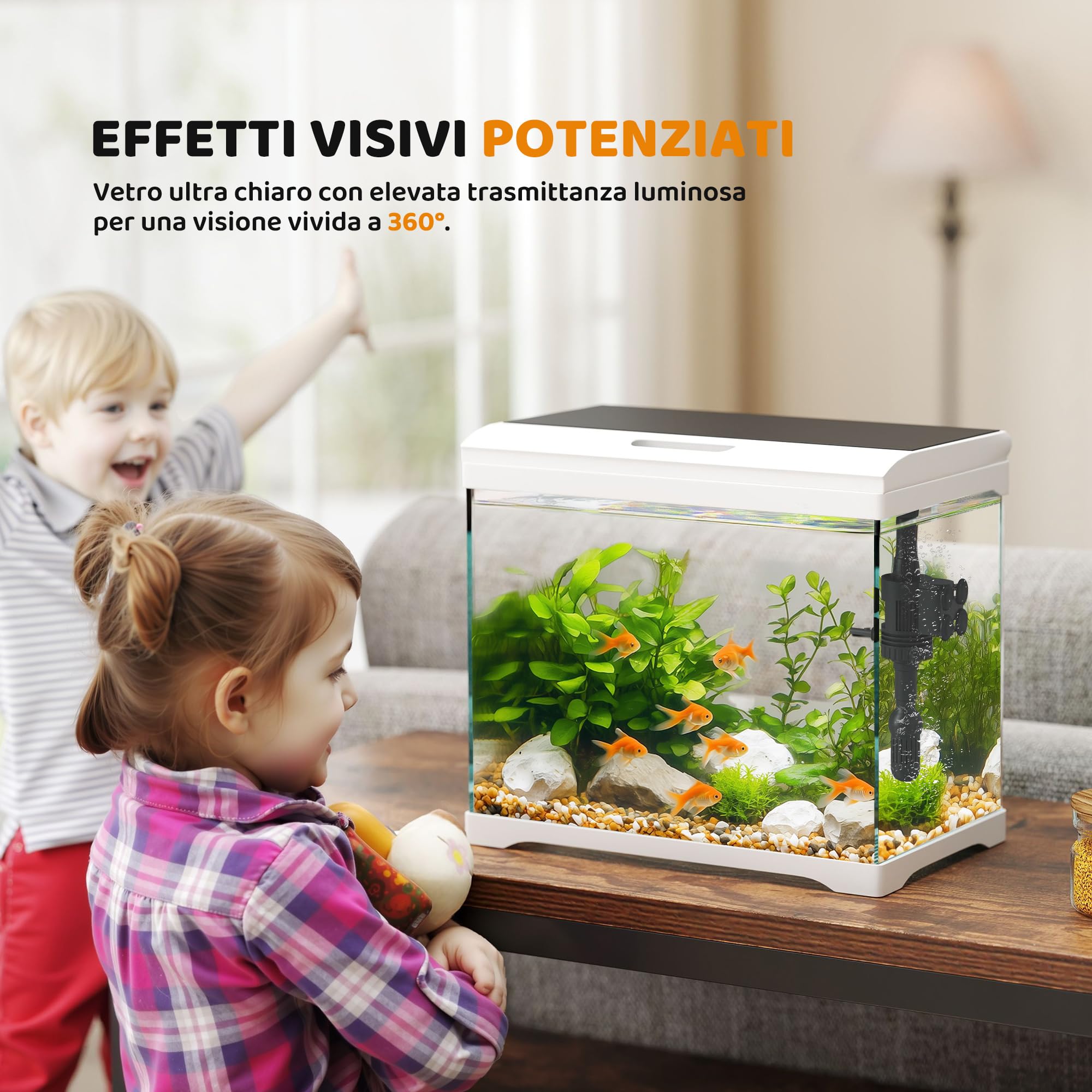 PawHut Acquario in Vetro 17L per Pesci Rossi con Illuminazione LED, Acquario Completo con Pompa d'Acqua e Sistema di Filtraggio, Vaschetta per Pesci Acqua Tropicali 35x21x31 cm Bianco