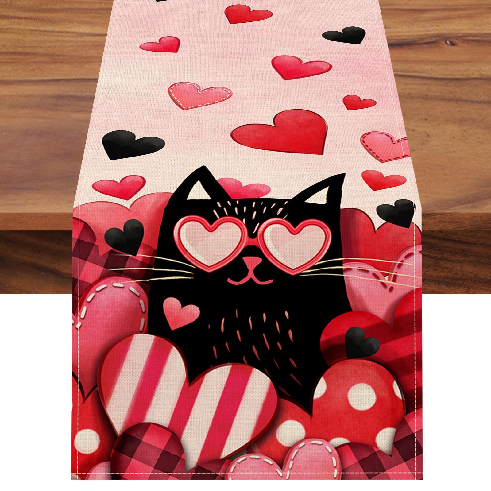 Seliem Valentine's Day Black Cat Table Runner, Kitty Kitten Pink Red Love Hearts Holiday Kitchen Dining Table Decor, Wedding Anniversary Home Decoration Indoor Outdoor Party Supply 13 x 72 Inches