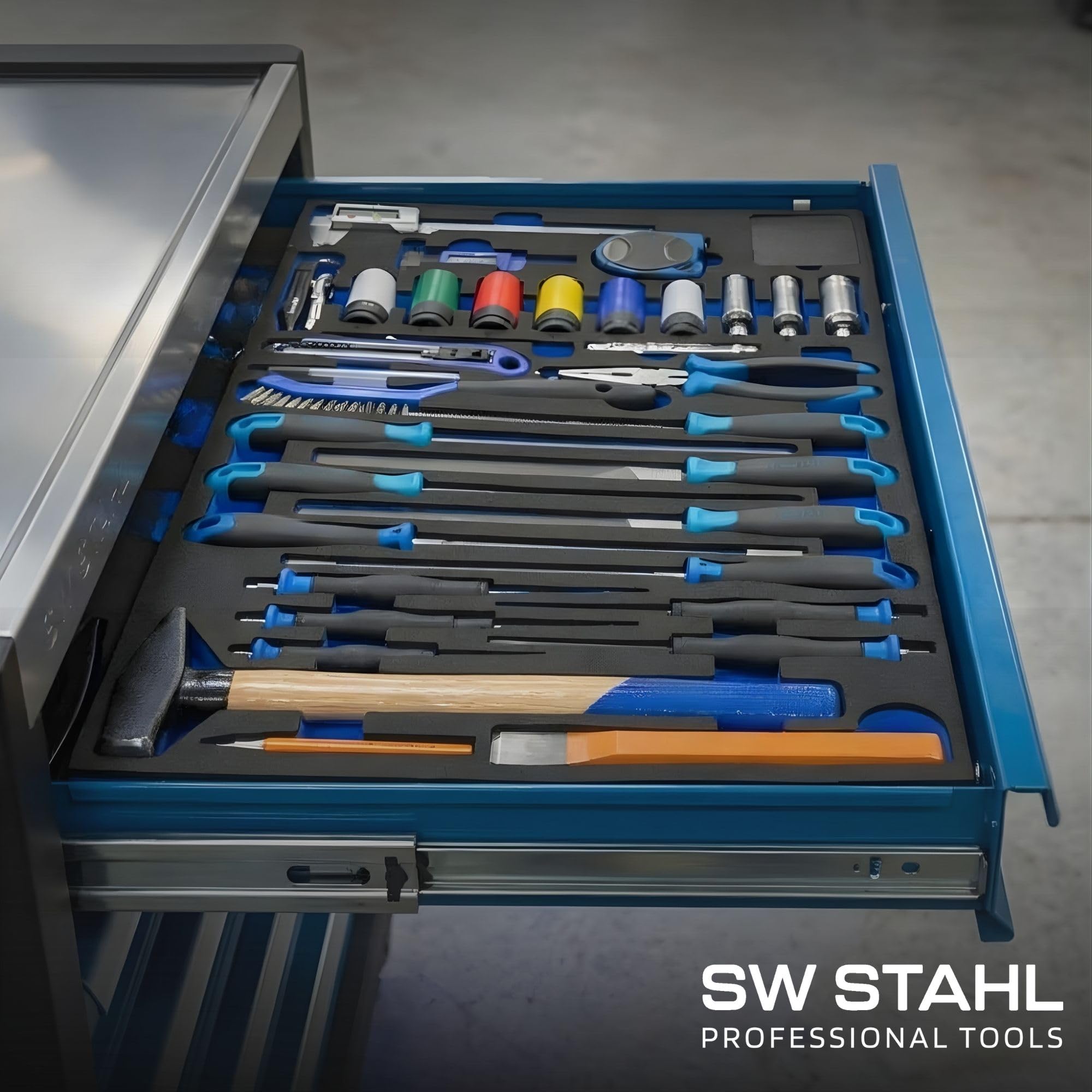 SW-Stahl Z3011-10 Wkład do Wózka Warsztatowego, Zestaw Narzędzi 34 Szt. | Wyposażenie XXL z pianką, pasuje do SW TT802 i szuflad 76 x 40 cm, profesjonalne narzędzia warsztatowe i rzemieślnicze