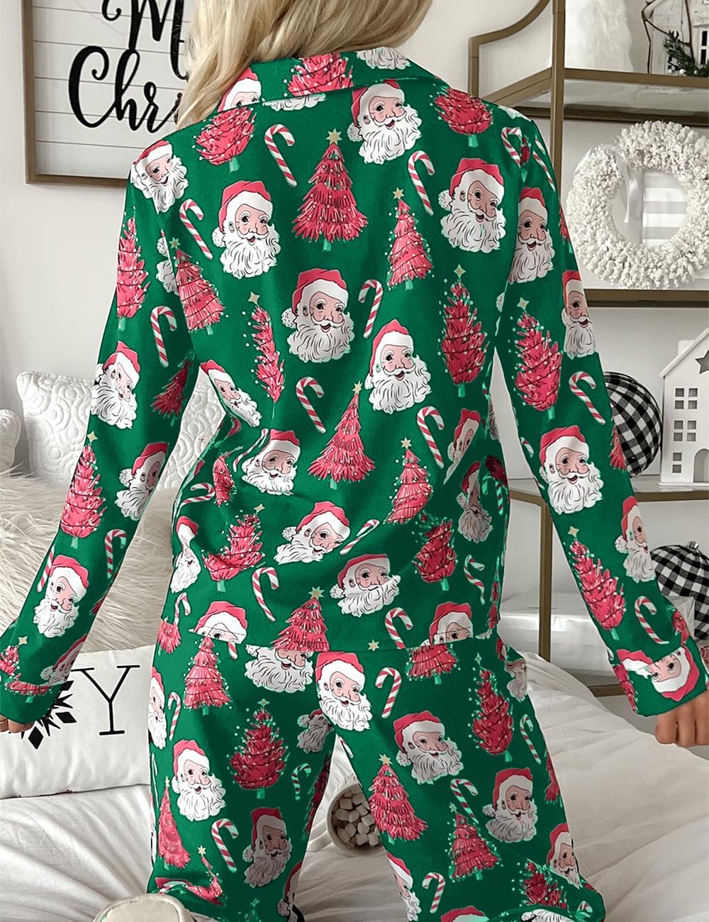 Womens Christmas Santa Pajama Set Long Sleeve Sleepwear Soft Loungewear 2 Piece Button Down Pjs Lounge Set - Image 3