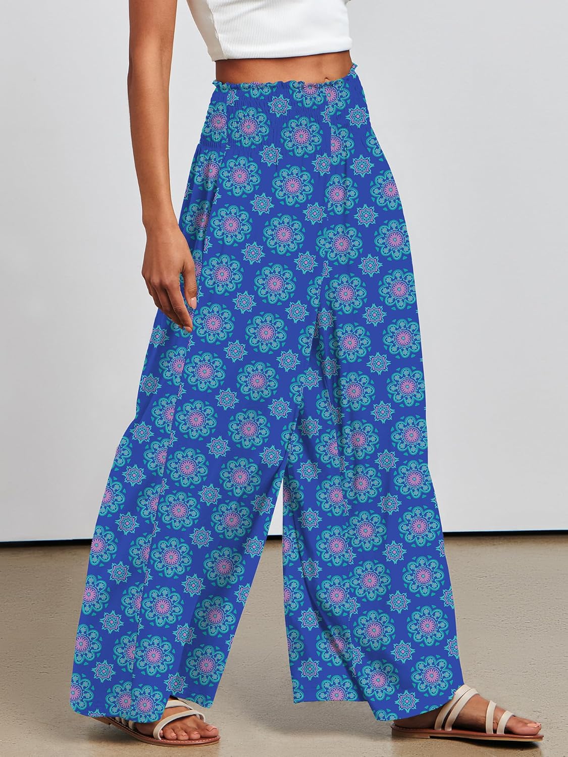 ANRABESS Women Palazzo Pants Summer Boho Bagyy Wide Leg High Smocked Waist Casual Loose Lounge Pant with Pocket - Image 4