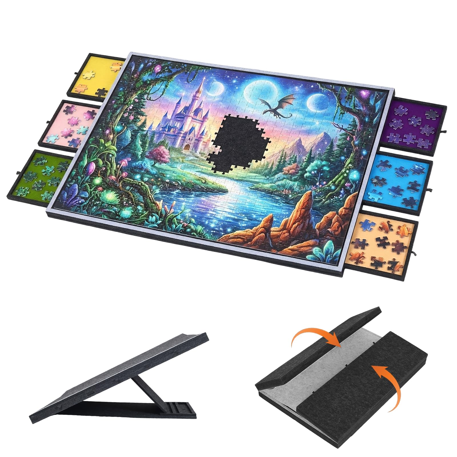 Plateau Puzzle 2-en-1 2000 pièces, Pliable, 6 tiroirs, 106x80 cm, Gris | Avec 6 tiroirs et couvertures de protection en feutre, support réglable sur 5 niveaux, surface en feutre antidérapante