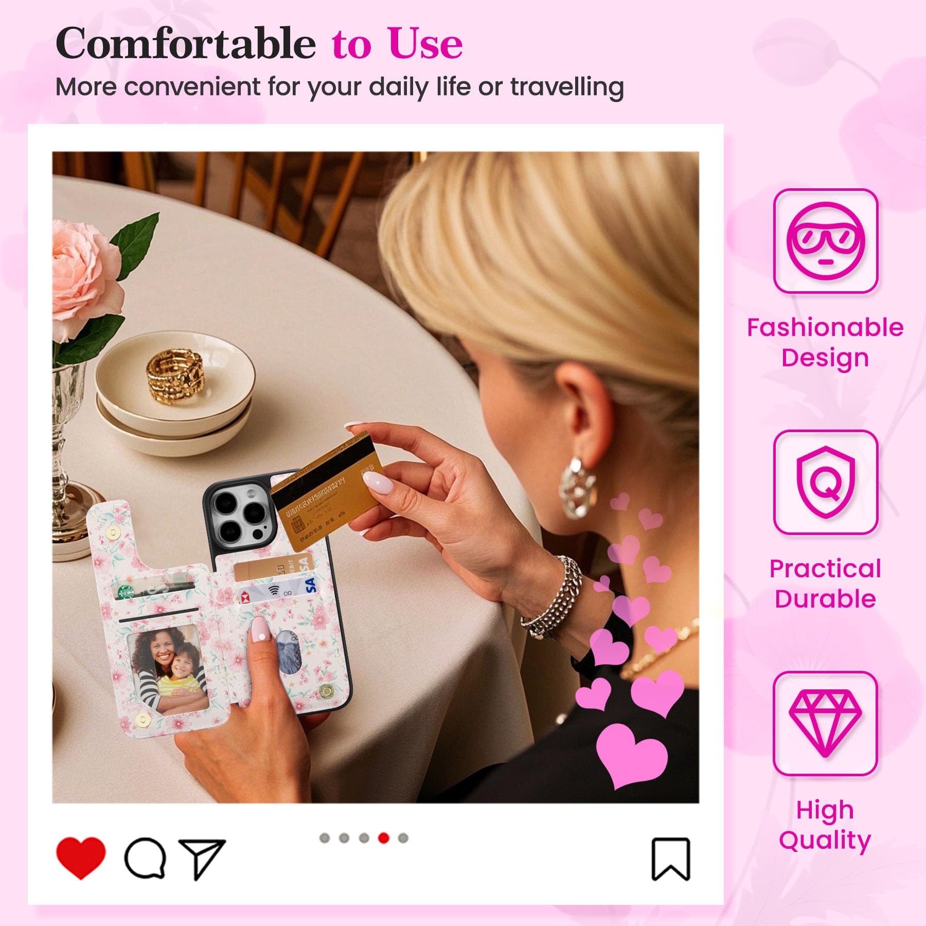 ZCDAYE Custodia per iPhone 16 con scomparto per carte di credito, elegante motivo floreale, in pelle, con chiusura magnetica, per carte di credito, per iPhone 16 (6,1 pollici), fiore rosa