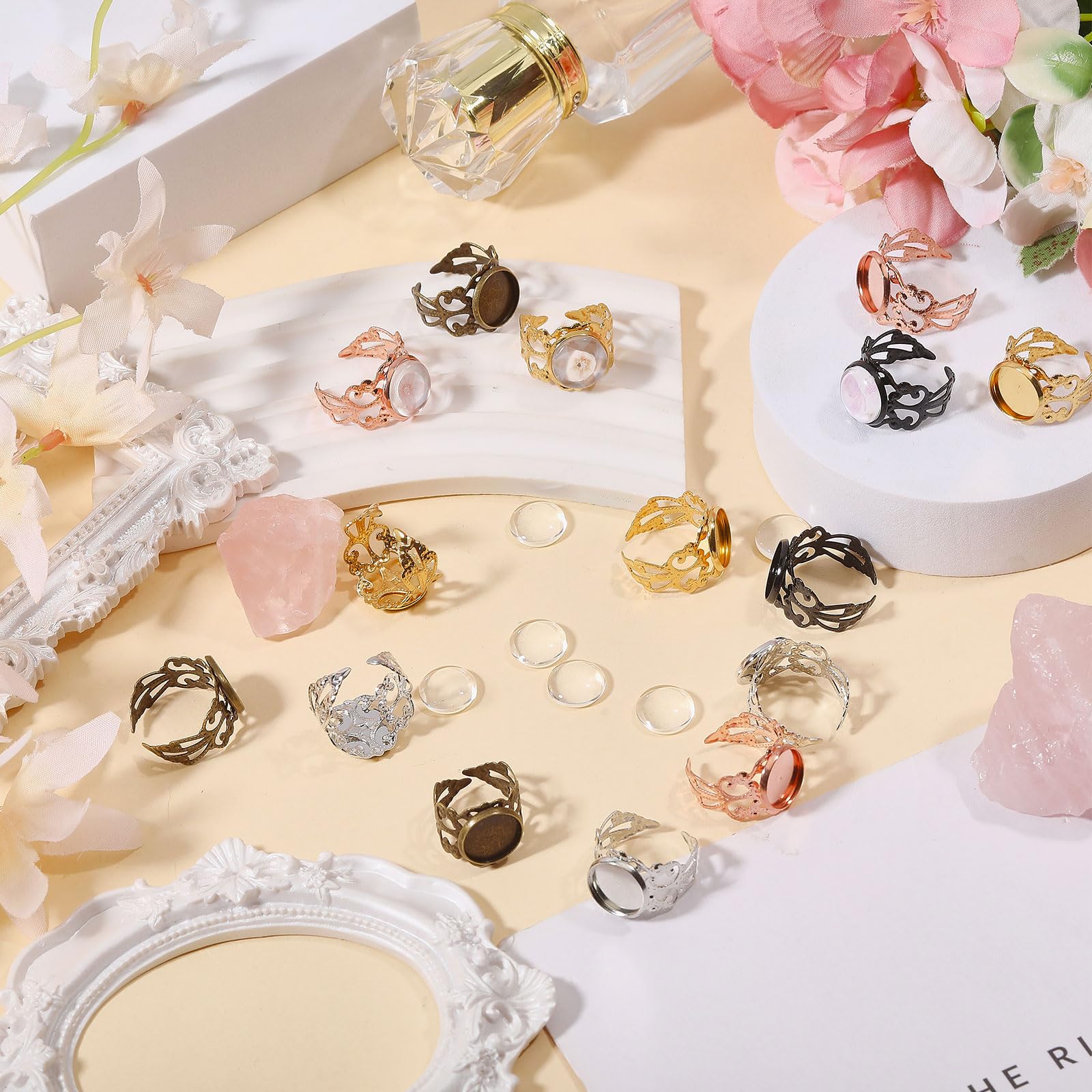 35 unidades de base de anillo de metal ajustable en 5 colores, kit de construcción de anillo de dedo, cabujón, base vacía, almohadilla plana con 35 cabujones de cristal para la fabricación