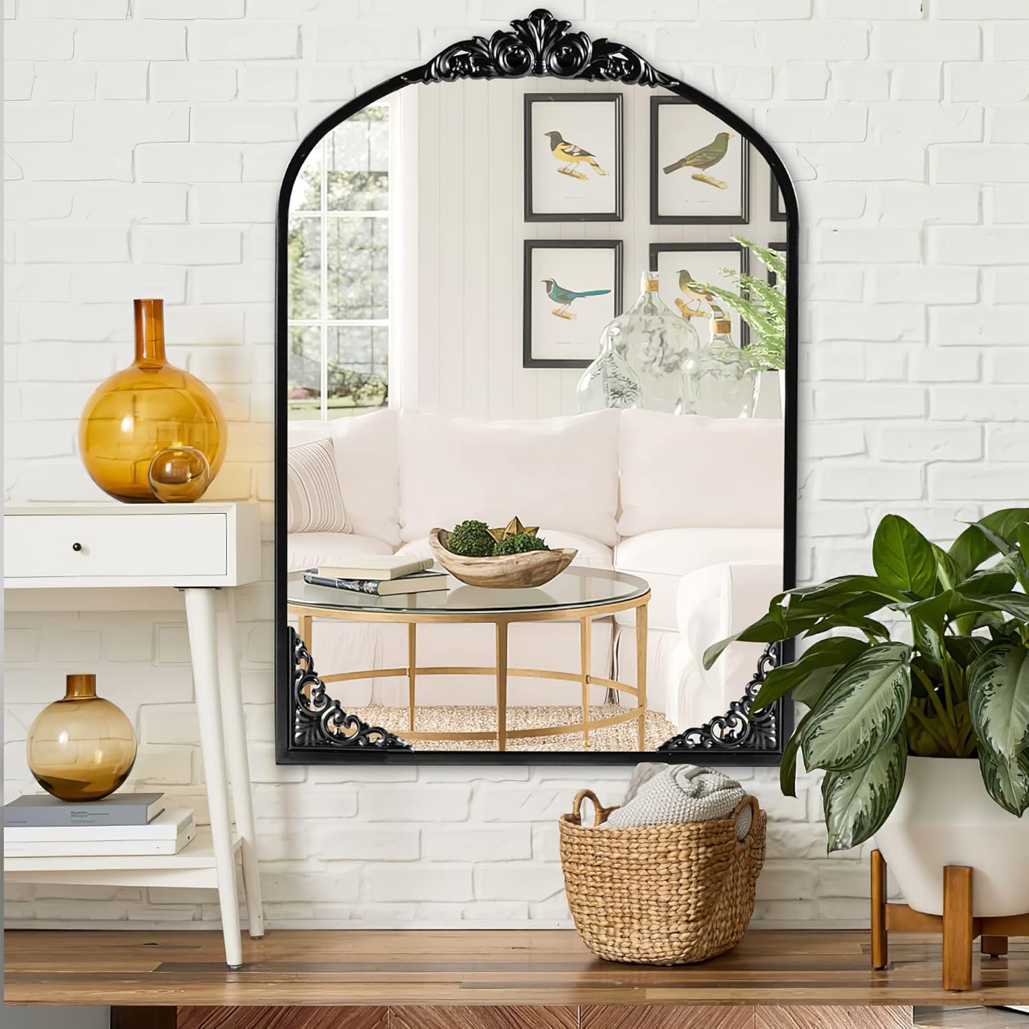 NeuType Arched Wall Mirror Vintage Carved Mirror Metal