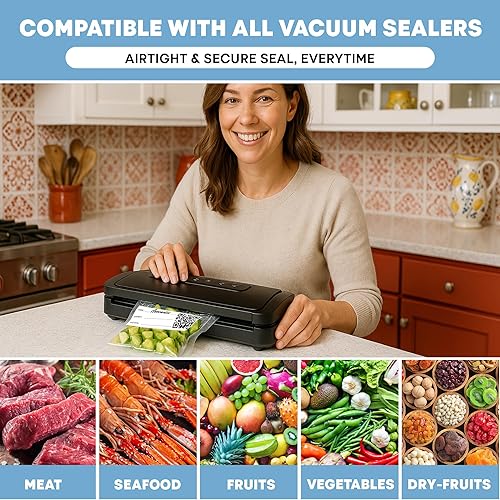 Miniatura 9 de Bolsas selladoras al vacío para almacenamiento de alimentos, paquete de 150 bolsas de vacío inteligentes con código QR, de 8 x 12 pulgadas, sin BPA,