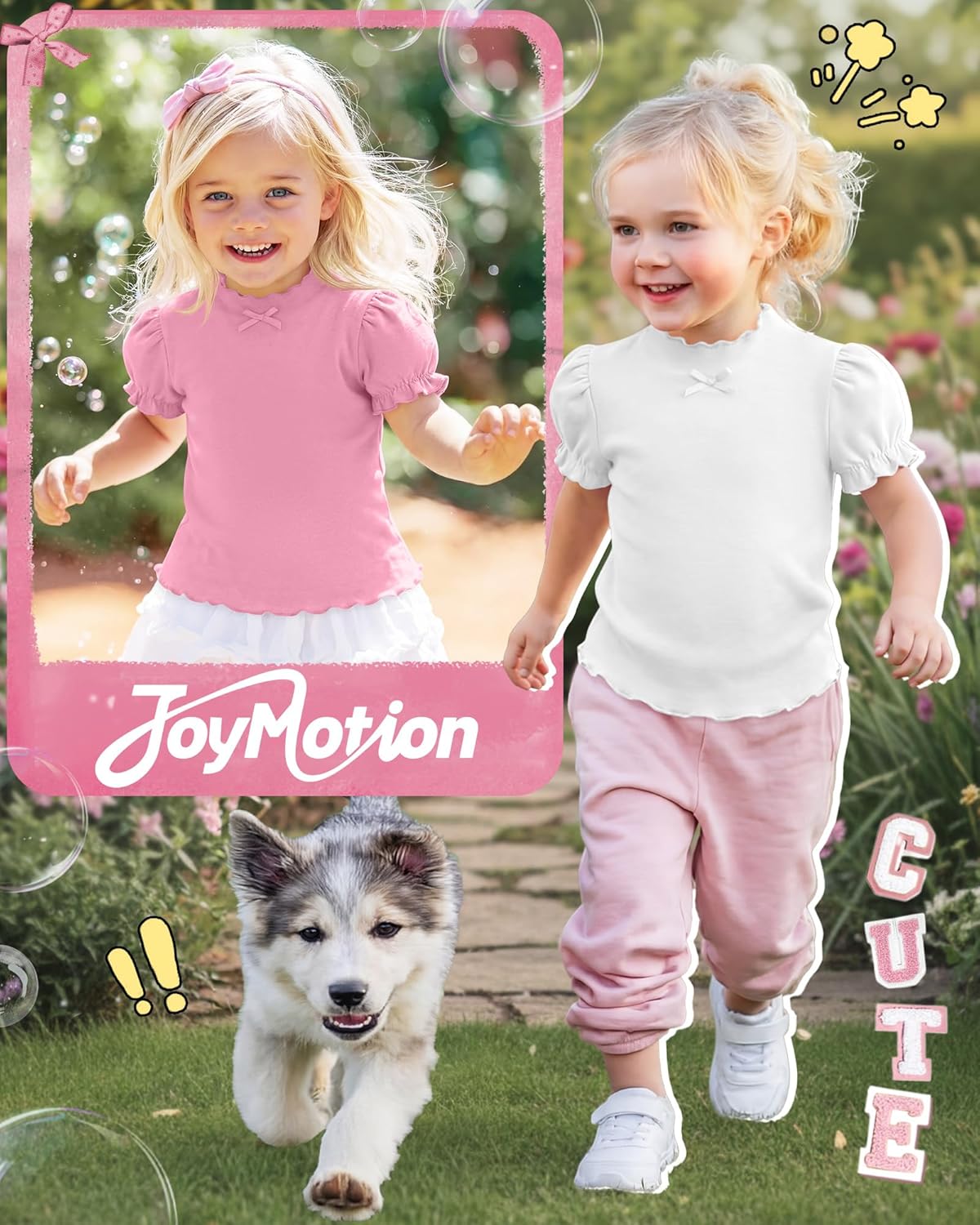 3 Pack Toddler Girls' Puff Short Sleeve Shirts Lettuce Trim Stand Collar Tops Summer Basic Tees for Kids(5 Toddlers,Sky Blue, Cherry Pink, White)