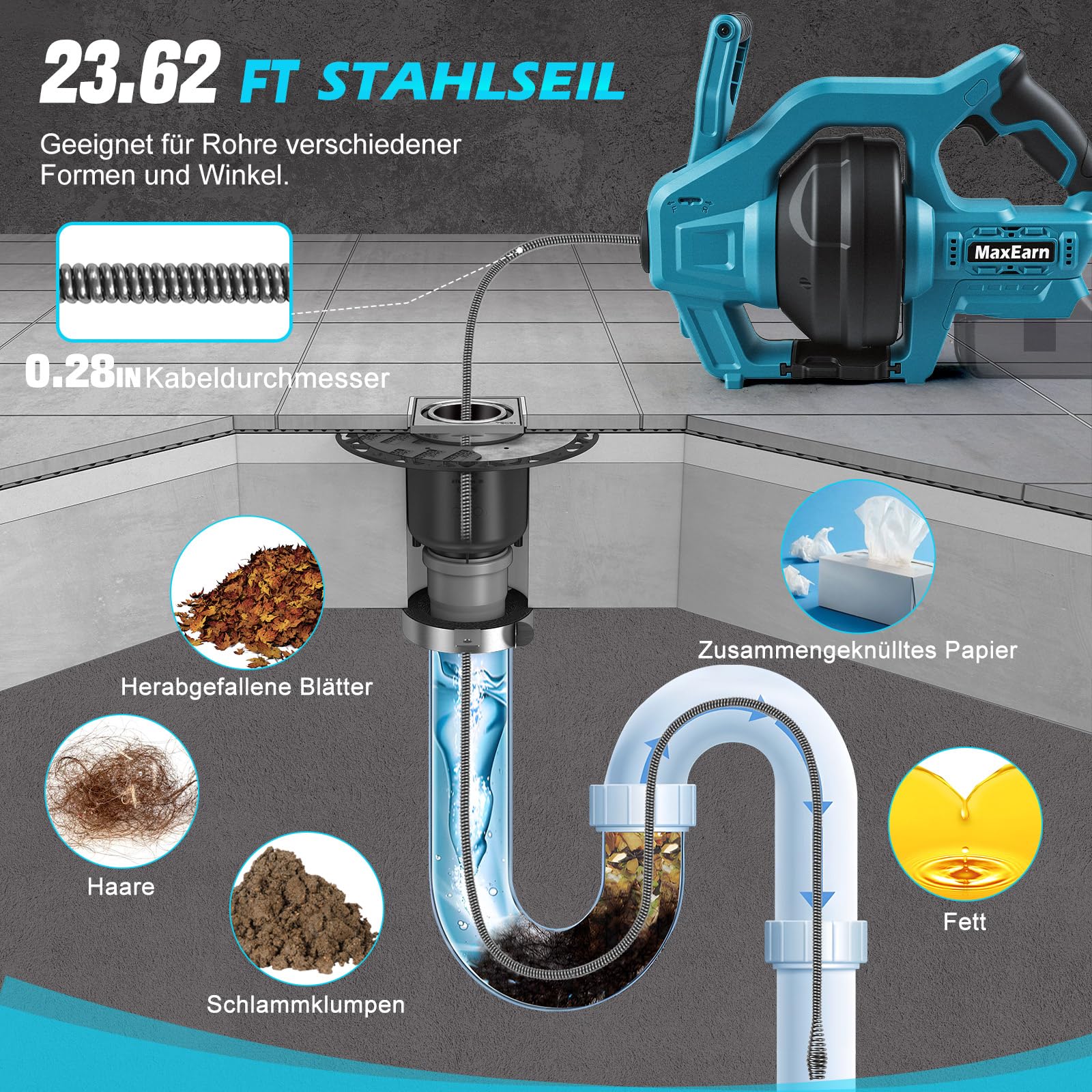 Espiral de limpieza automática de tuberías con batería, compatible con batería Makita de 18 V, 23,6 pies, desatascador de desagües, para 19-85 mm, limpiador de tuberías en espiral para cocina