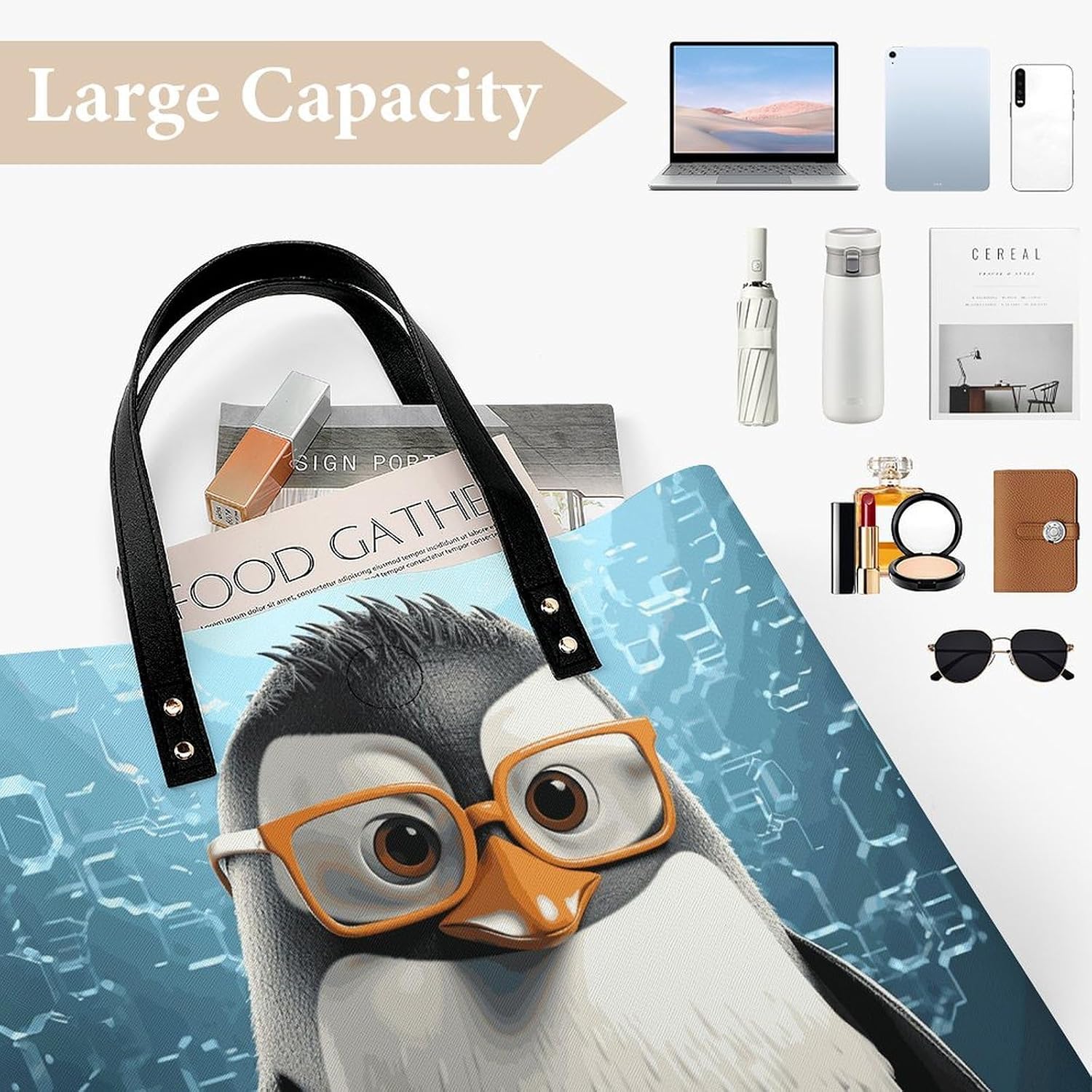 Penguin with Glasses Tote Bag with Magnetic Buckle Reusable Grocery Bags Lightweight Cross Body Handbag for Daily Essentials