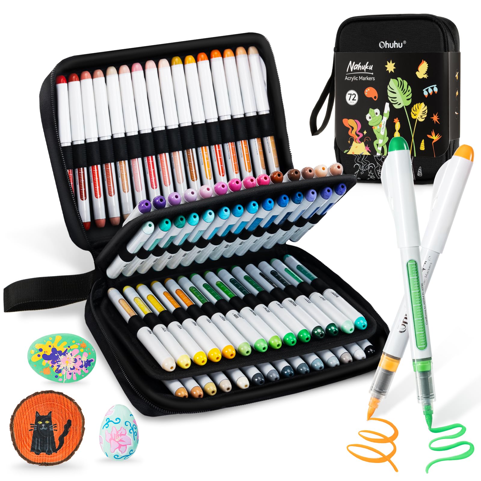 Ohuhu Acrylic Paint Markers 72 Colours Brush Tip: Automatic Ink Control Acrylic Markers High Opacity Paint Pens Waterproof Lightfast for Rock Painting 3D Prints Easter Eggs Wood DIY Crafts- Nahuku