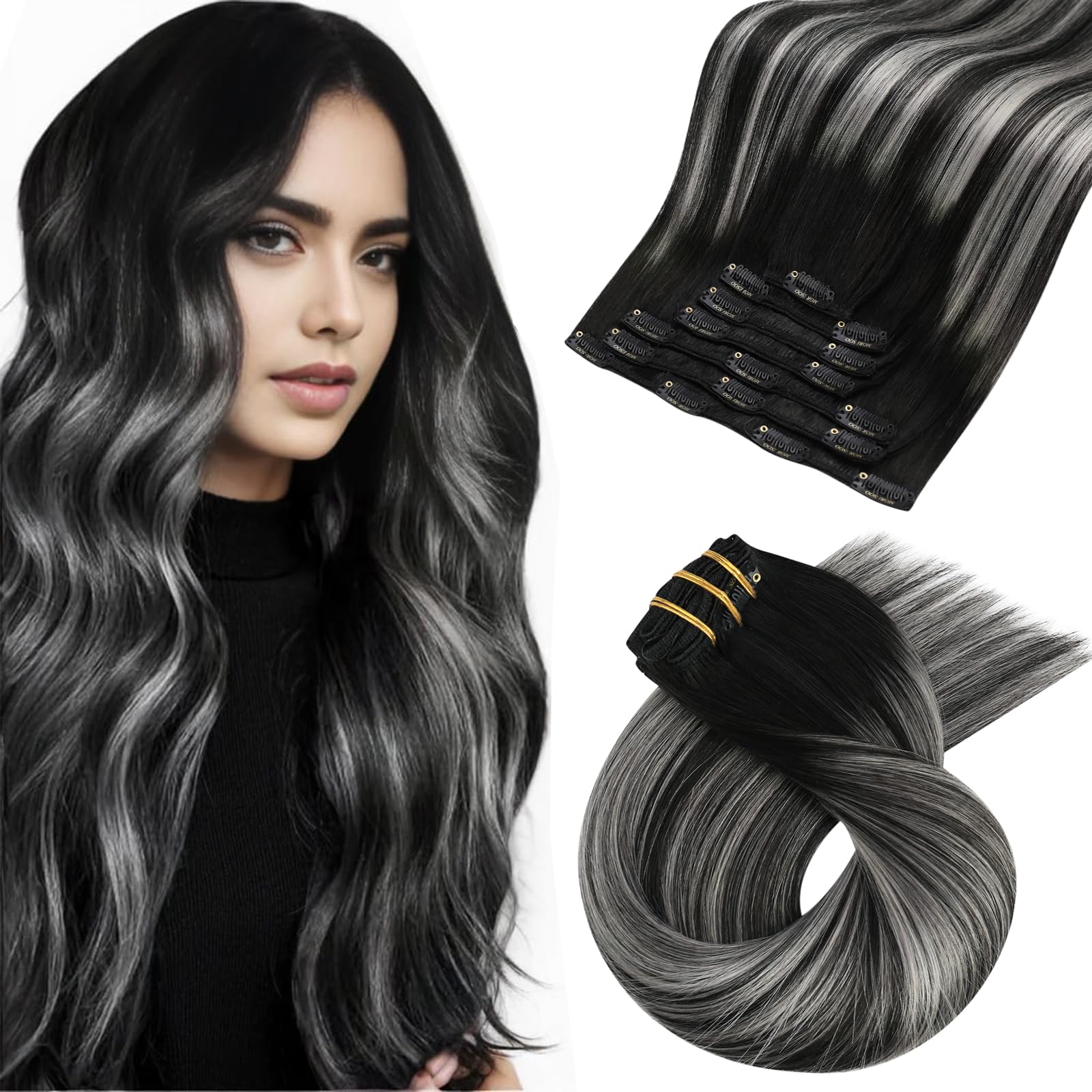 Moresoo Human Hair Clip in Extensions Balayage Black with Silver Double Weft Clip in Human Hair Extensions Balayage Black to Silver Grey Hair
