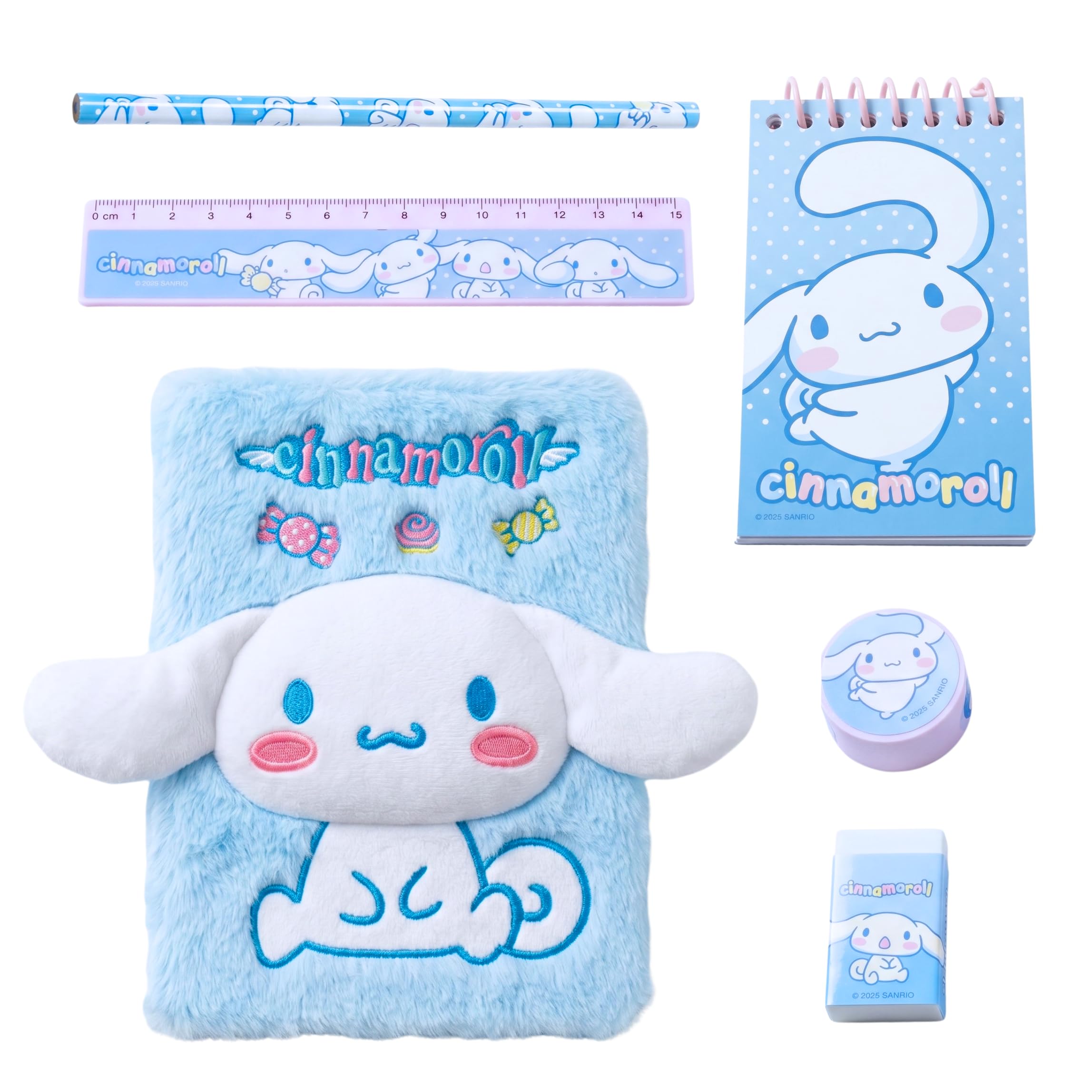 Hello Kitty Cinnamoroll Ensemble de Papeterie pour Filles, Comprenant Carnet en Peluche 3D, Règle, Taille-Crayon, Gomme, Bloc-Notes et Un Crayon, Cadeau pour Enfants