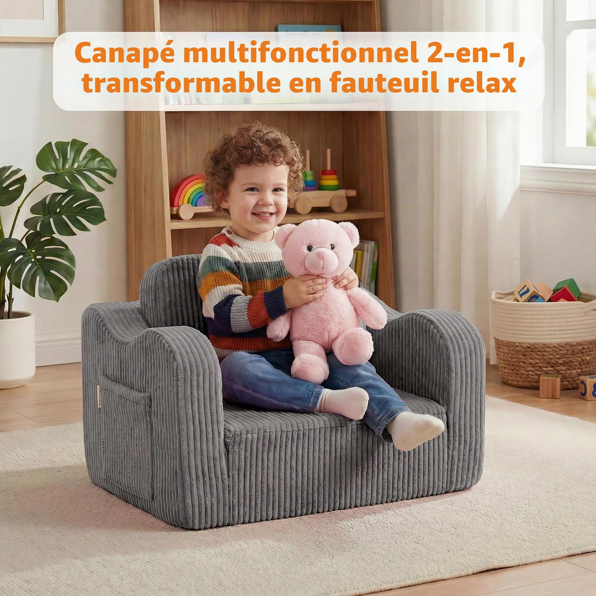 MeMoreCool Canapé en Velours Côtelé pour Enfants, Chaise-Lit Pliante pour Tout-Petits, Fauteuil Canapé Pliable pour Enfants pour Salle de Jeux, Fauteuil Inclinable Convertible Confortable pour Bébé