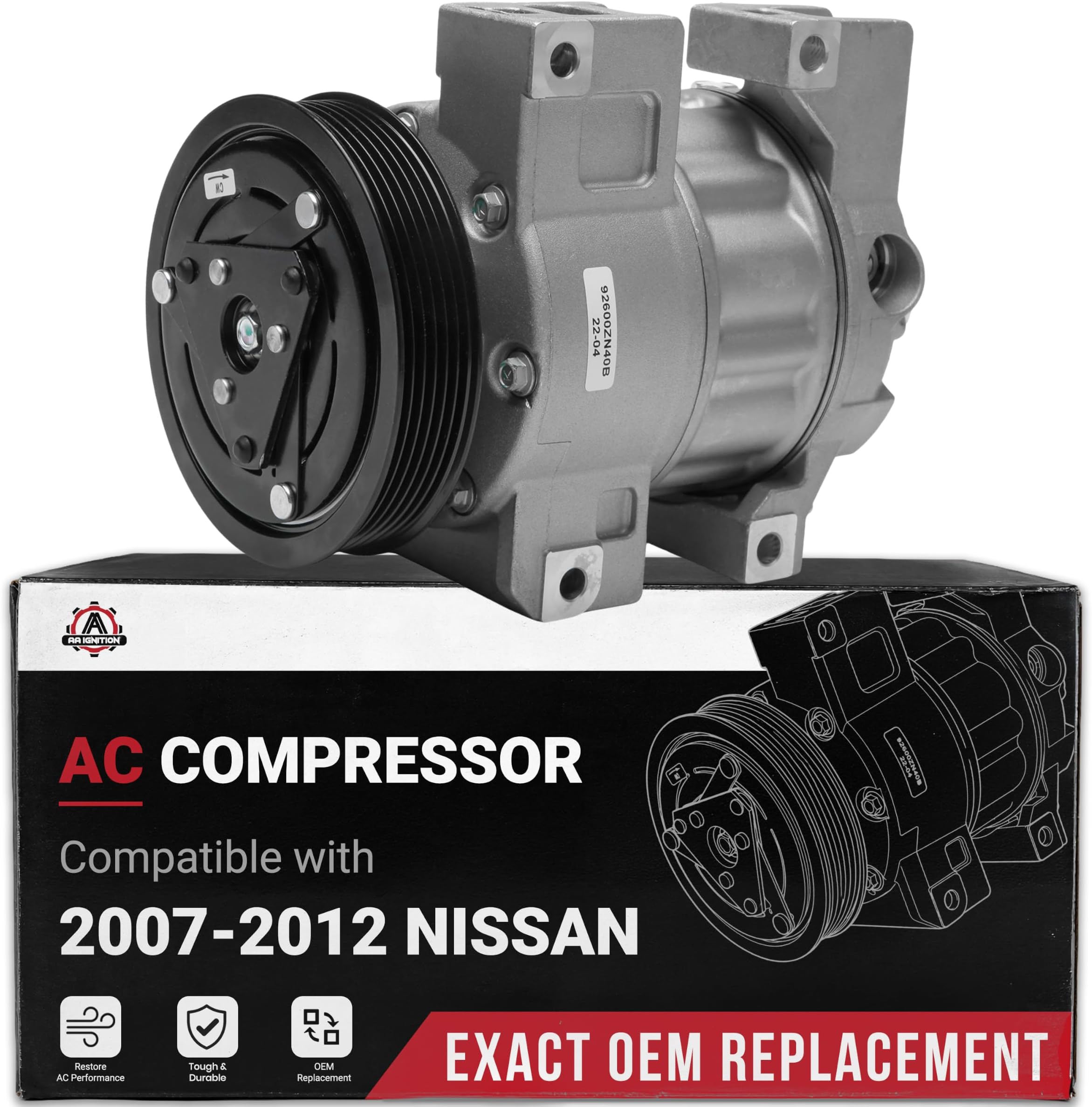 AA Ignition Replacement AC Compressor with Clutch - Compatible with Nissan Altima and Sentra 2.5L 2007-2012 - Replaces 92600ZN40B, 92600JAOOA, 92600-ZN40B, 10886C, CO10886C - 07, 08, 09, 10, 11, 12