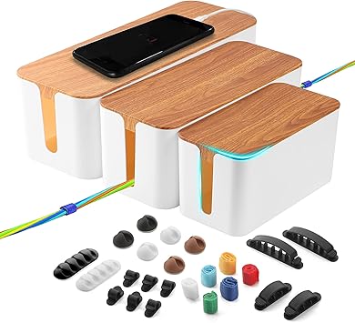Amazon Mango ３個セットケーブルボックス コンセントボックス ６種類 計24個 のケーブルクリップ コードまとめるやつ付き 配線ボックス 大 中 小電源タップ収納ボックス 延長コード収納ケース ホーム オフィス用ケーブル収納ボックス 大容量タップ収納ケース