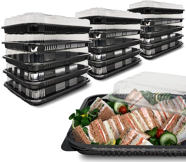 Reusable Plastic Buffet Catering Sandwich Trays with Clear Plastic Lids Cake, Sweet Treat and Sandwich Platter Trays and Danish Plates with Lids - 25 Pack (33.5cm x 24cm)