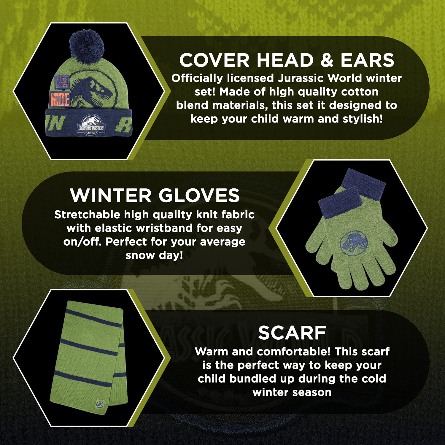 Jurassic World Kids Winter Hat Scarf and Snow Gloves for Boys Set Classic T-Rex Graphic Warm and Soft Accessories