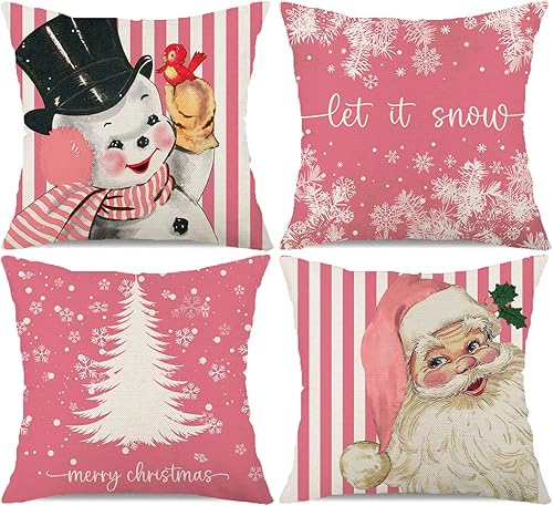 KACOPOL Juego de 4 fundas de almohada de Navidad de Papá Noel con rayas rosas de 18 x 18 pulgadas, muñeco de nieve, árbol de Navidad, copo de nieve,
