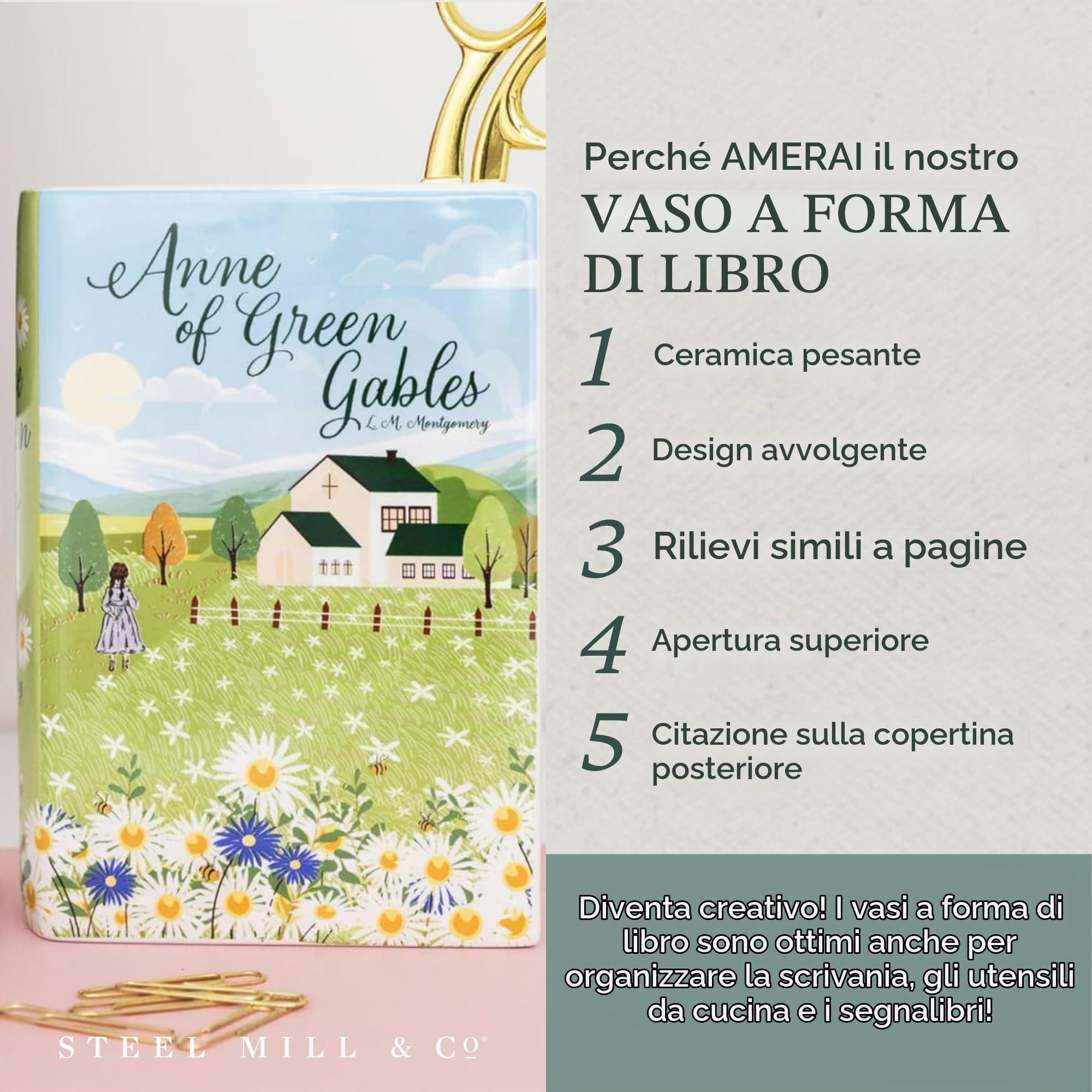 Steel Mill & Co - Grande vaso decorativo a forma di libro, in ceramica, per la casa, graziosa decorazione per libreria, vaso unico per gli amanti dei libri, Anne of Green Gables