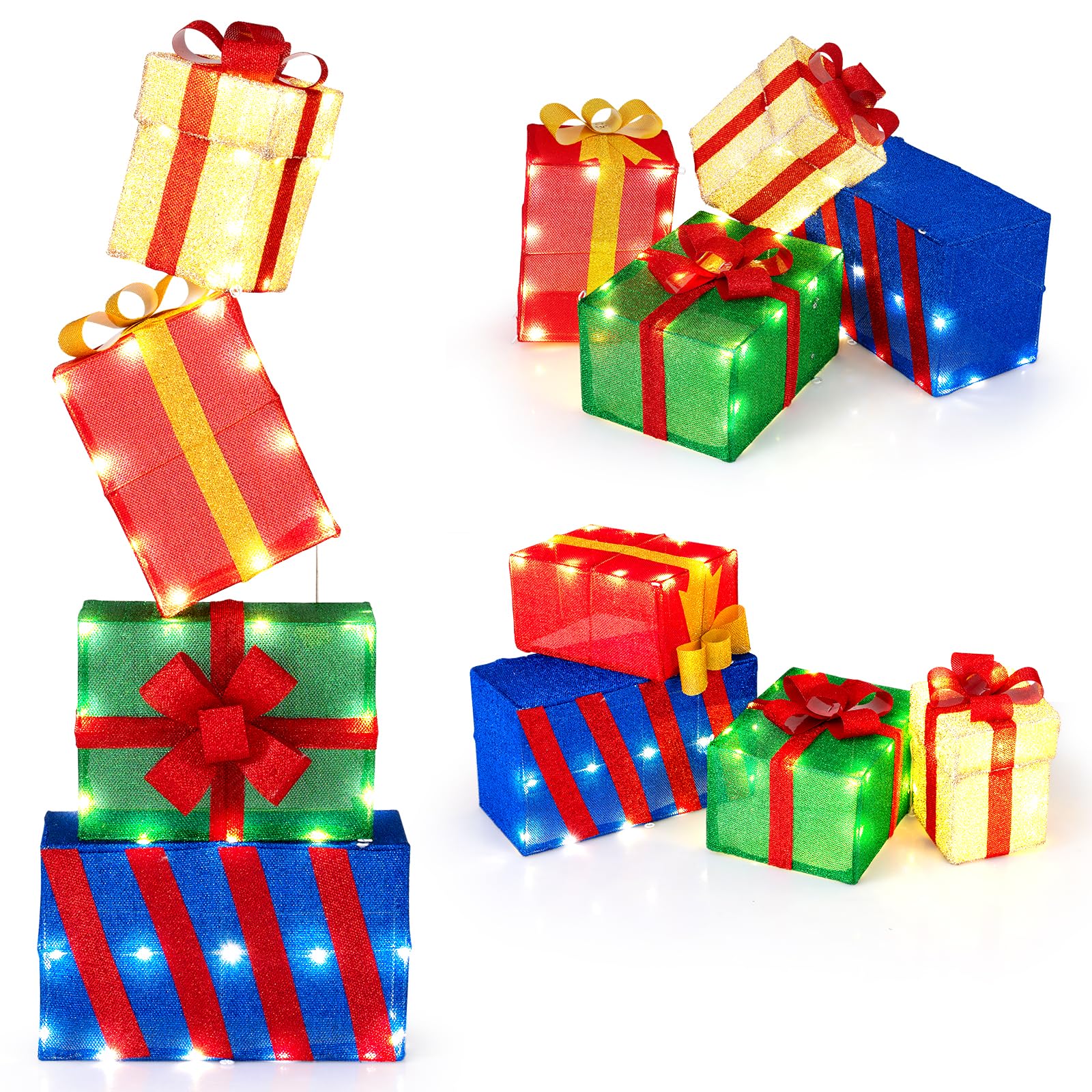 GYMAX Set di 4 Scatole Regalo a LED di Natale, Pacchi Regalo Decorativi con 51 Luci LED Caldi e Fiocchi, Combinazione Flessibile, Decorazione Natalizia Luminosa per Soggiorno, Giardino e Balcone