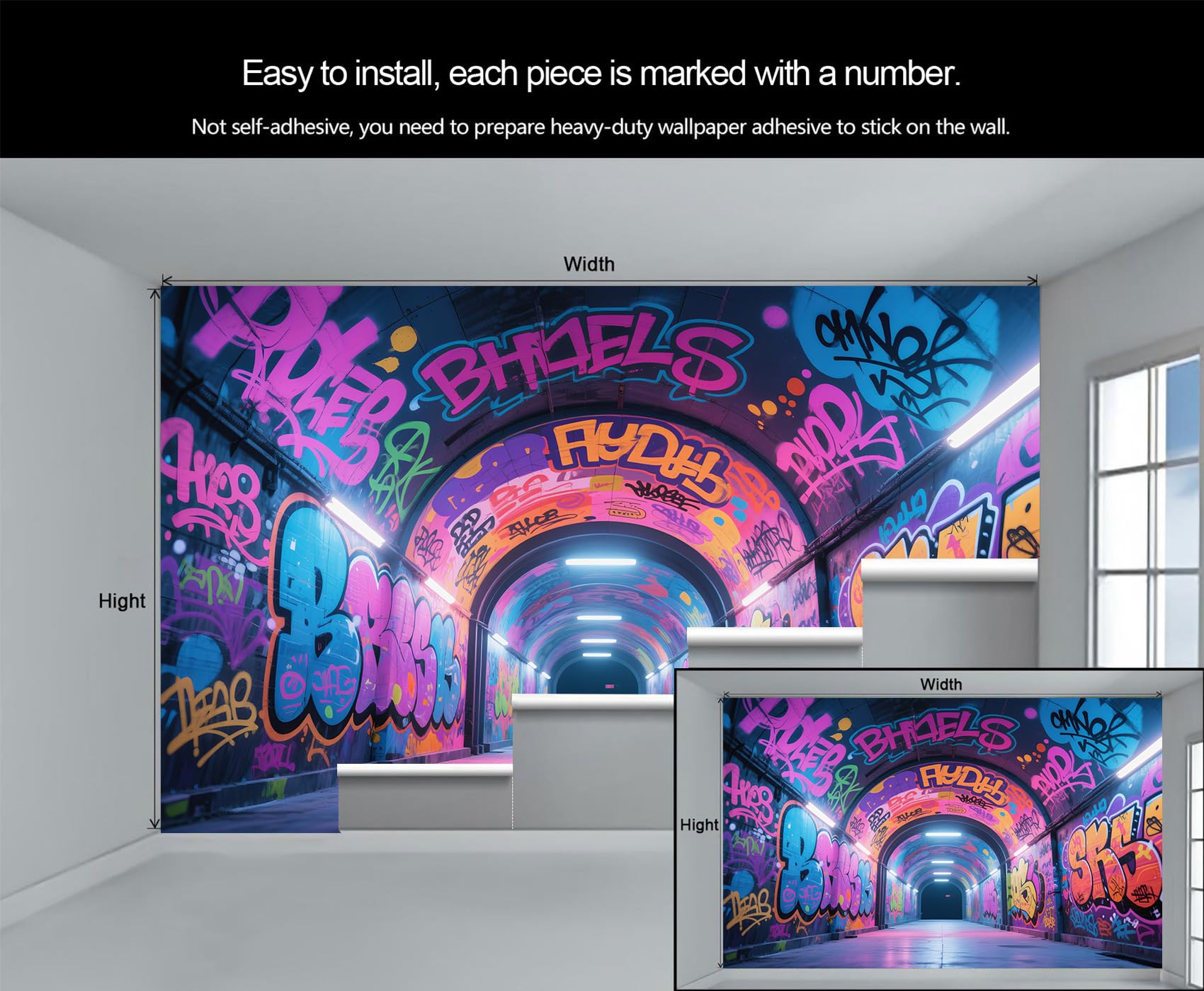 Graffiti Tapete Wandbilder, Neon Graffiti Schlafzimmer Tapete, Street Art Wandpapier für Wohnzimmer, nicht selbstklebende Tapete, Hip Hop großes Wandbild & Raumdekor 350 x 250 cm