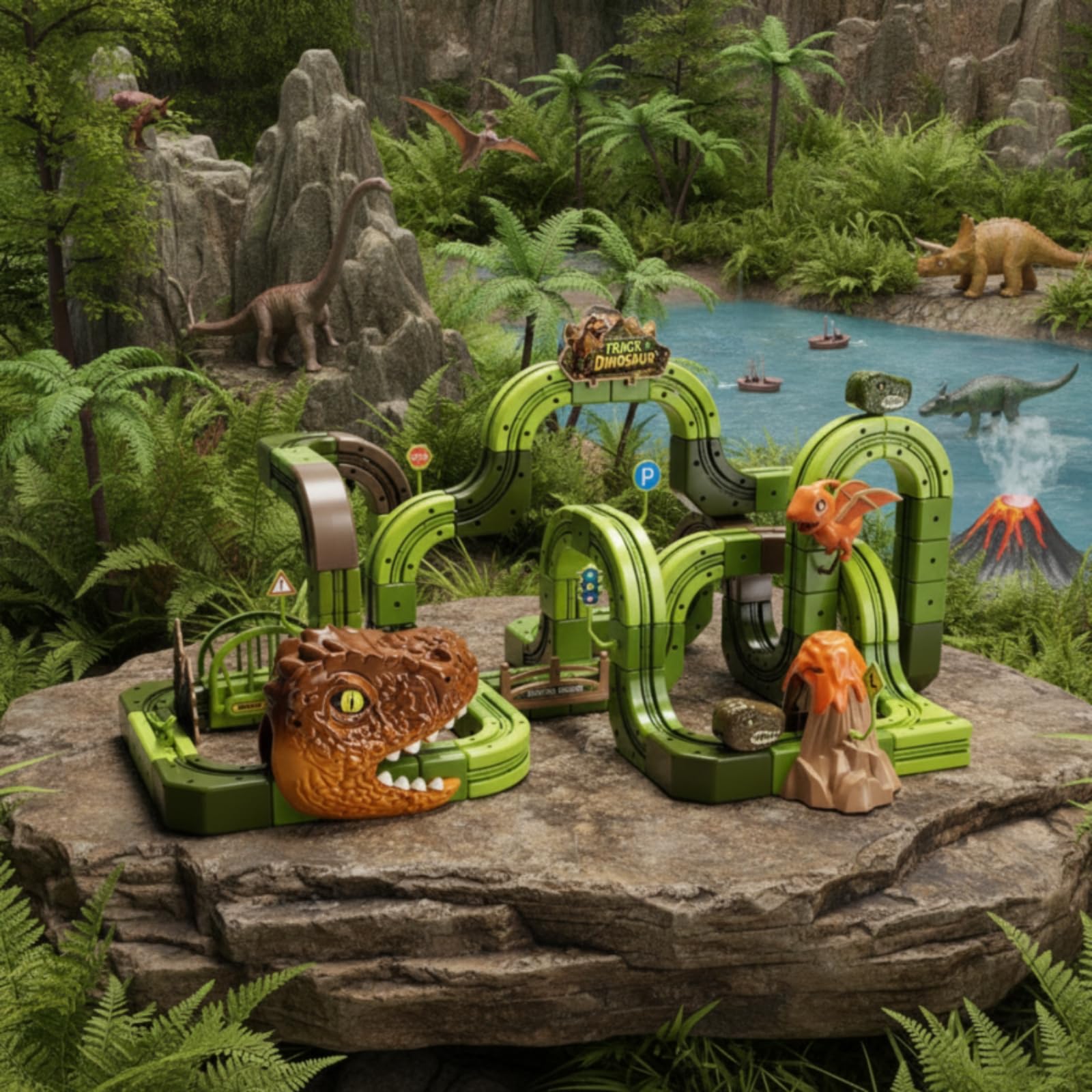 Pista Veicolini con Dinosauri Sicuro, Verde, Size to 1 | Modulare, Combinabile, Pista Giocattolo con Dinosauri, per Area Giochi