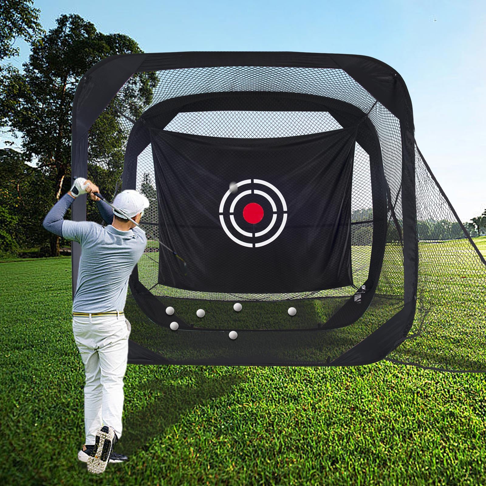 Golfnetz 210x120x210 cm: Golf Übungsnetz mit flexiblem Flachstahlrahmen, Glasfaserstäben und merzerisiertem Zieltuch